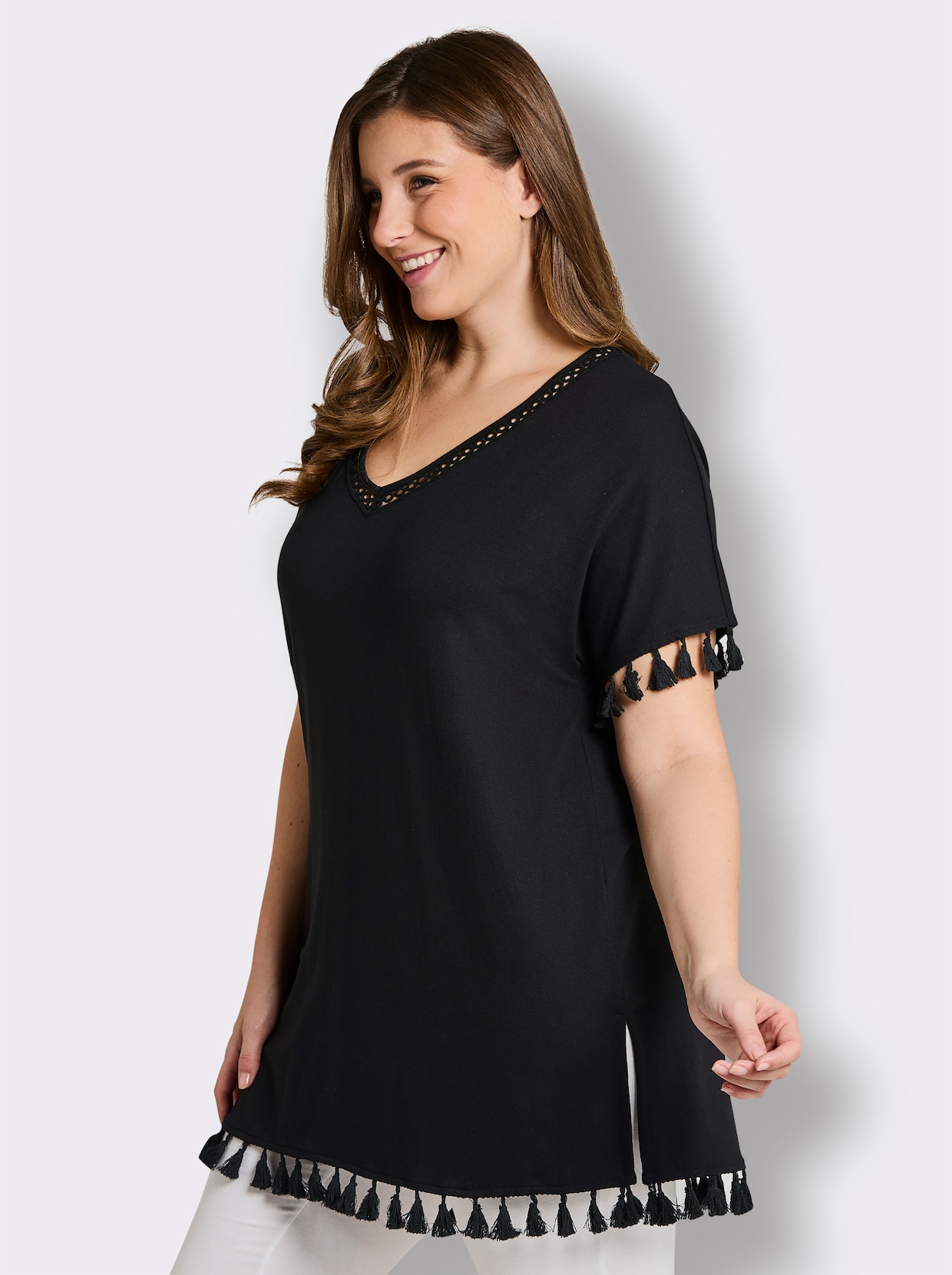 sheego Longshirt mit Quasten - schwarz