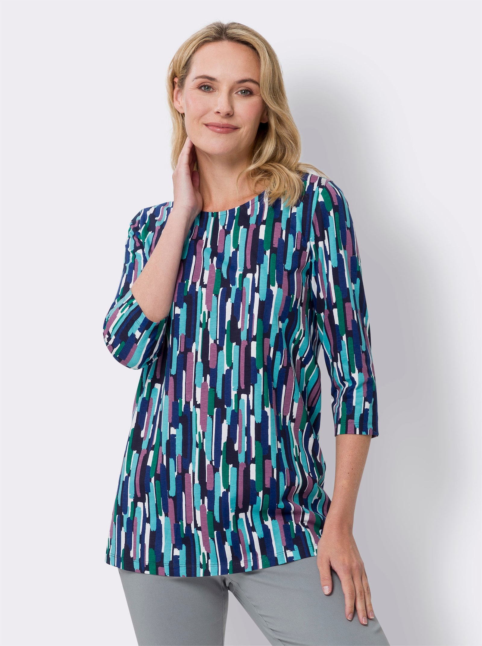 Longshirt in A-Form, grafisch bedruckt - ozean-violett-bedruckt