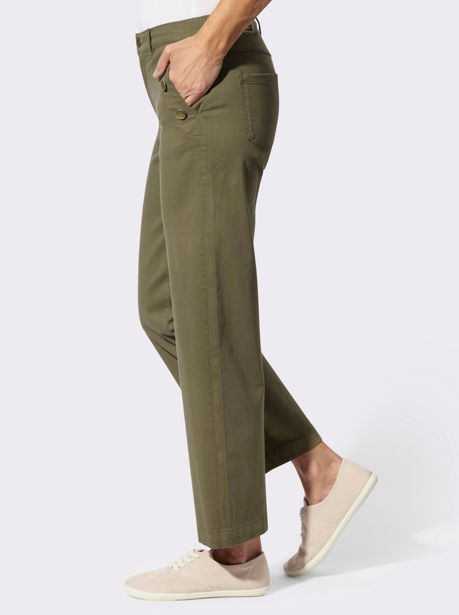 Stretch-Hose mit goldfarbenen Schmuckknöpfen - oliv