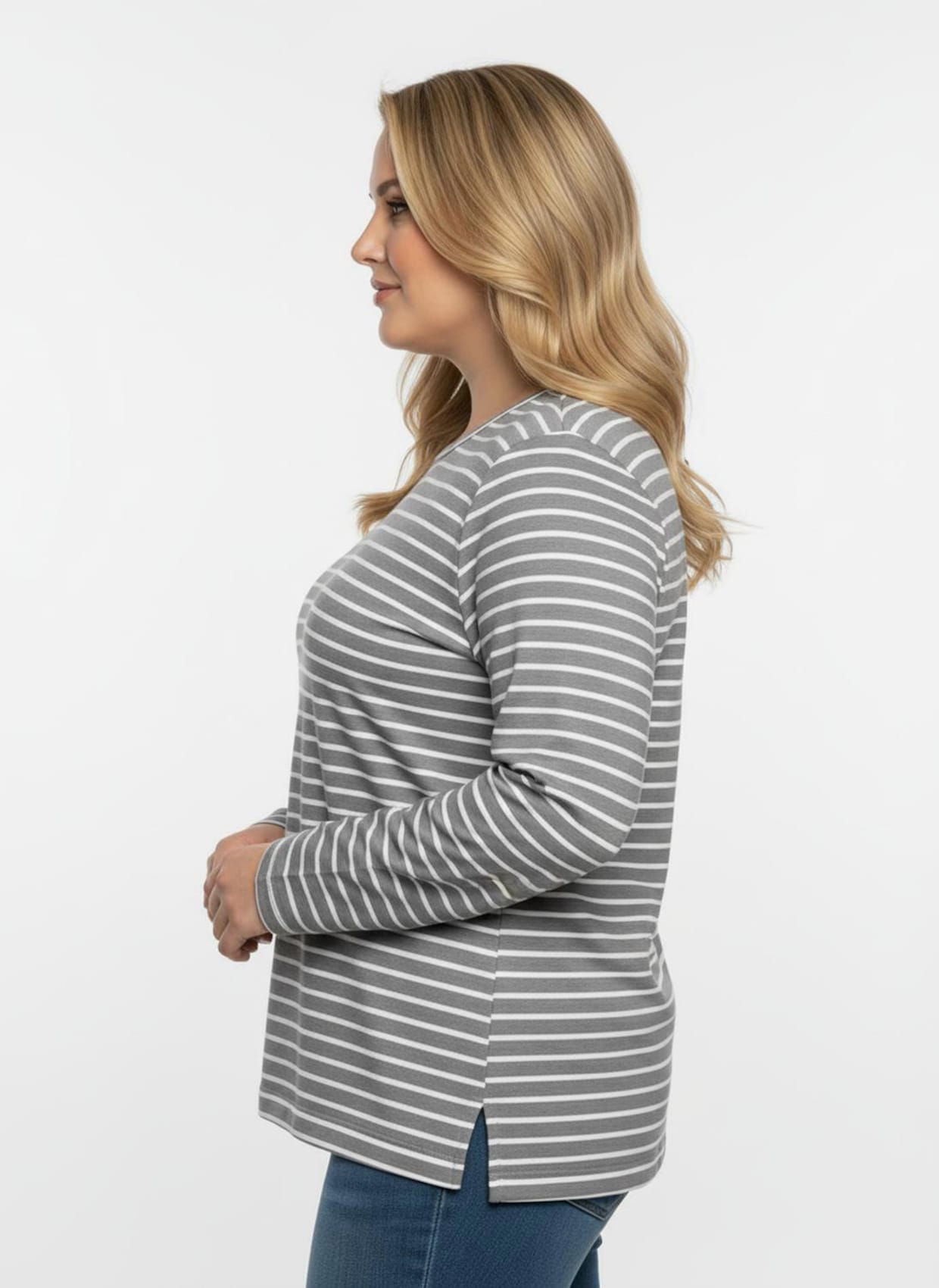 Sweatshirt im Ringel-Dessin - steingrau-ecru-geringelt