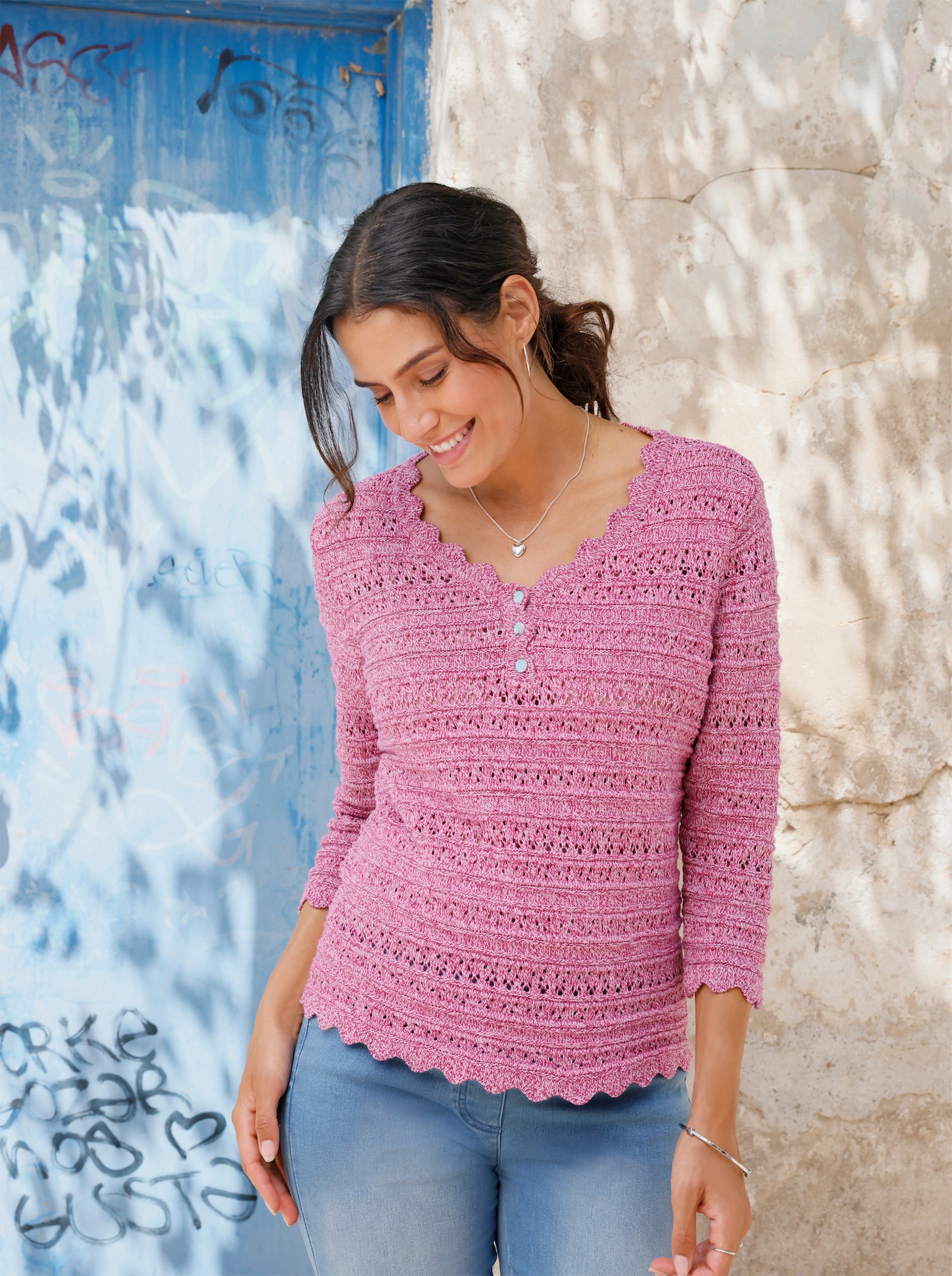3/4-Arm-Pullover mit Wellenkanten - altrosa-magenta-meliert