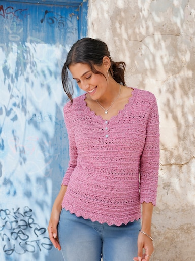 3/4-Arm-Pullover mit Wellenkanten - altrosa-magenta-meliert