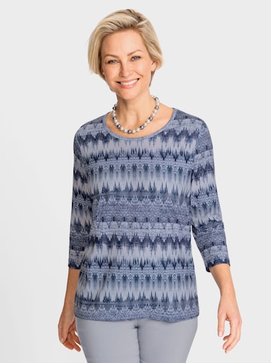 3/4-Arm-Shirt Rundhals-Ausschnitt, paspeliert - ecru-rauchblau-bedruckt