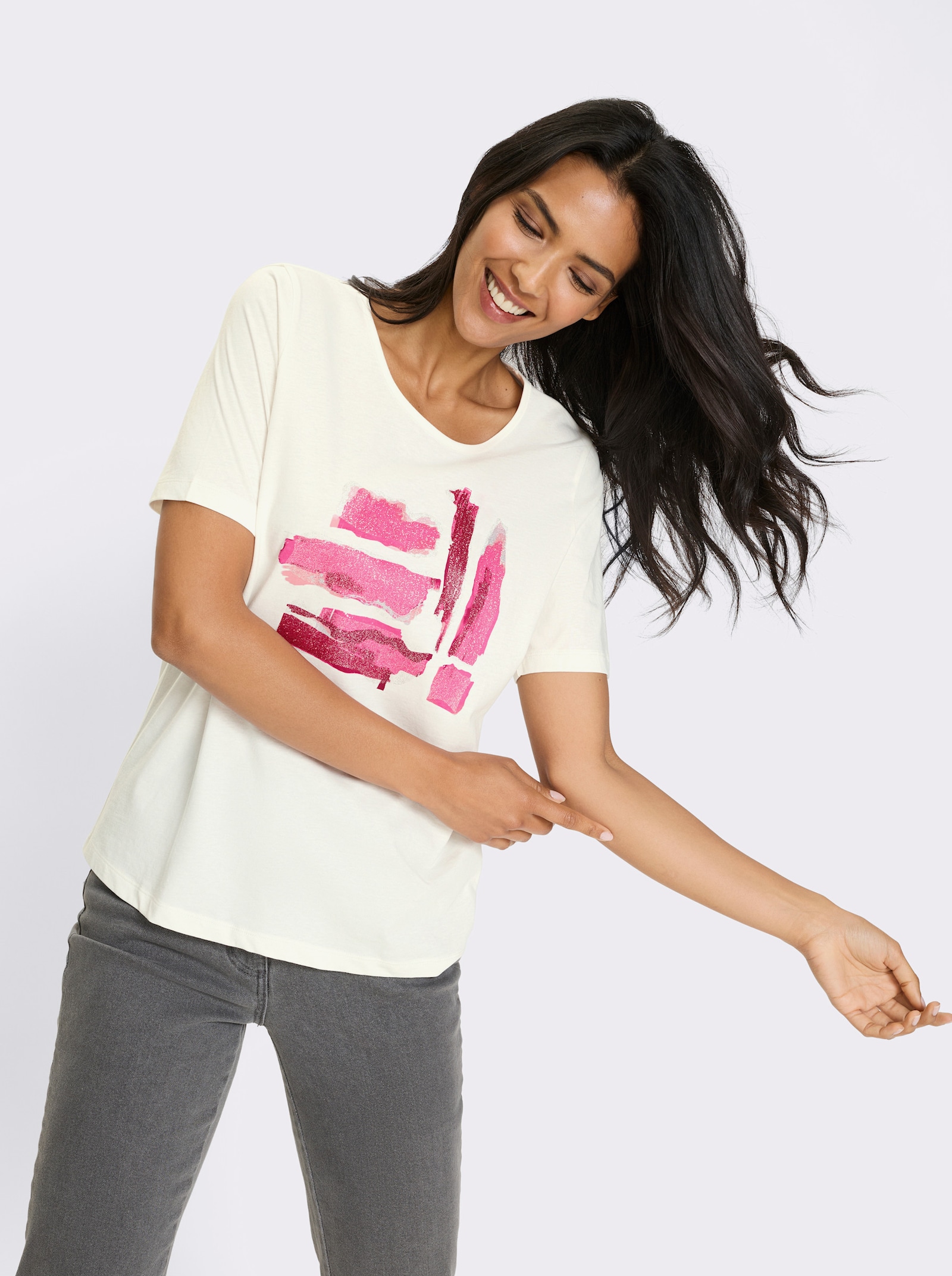 Kurzarmshirt mit silberfarbigen Akzenten - ecru-fuchsia