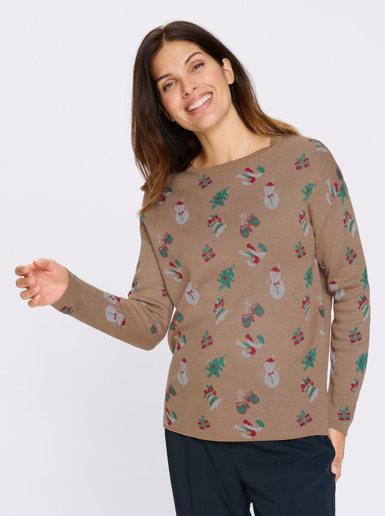 Langarm-Pullover mit weihnachtlichem Jacquardmuster - camel-grün-gemustert
