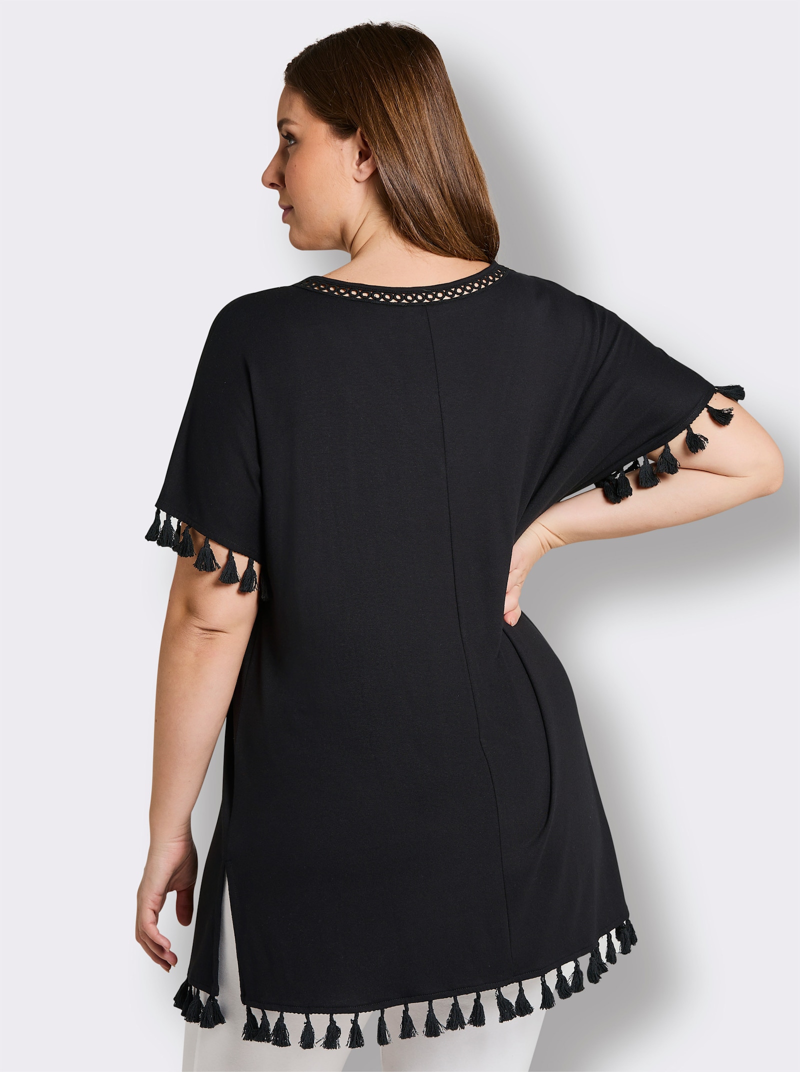 sheego Longshirt mit Quasten - schwarz