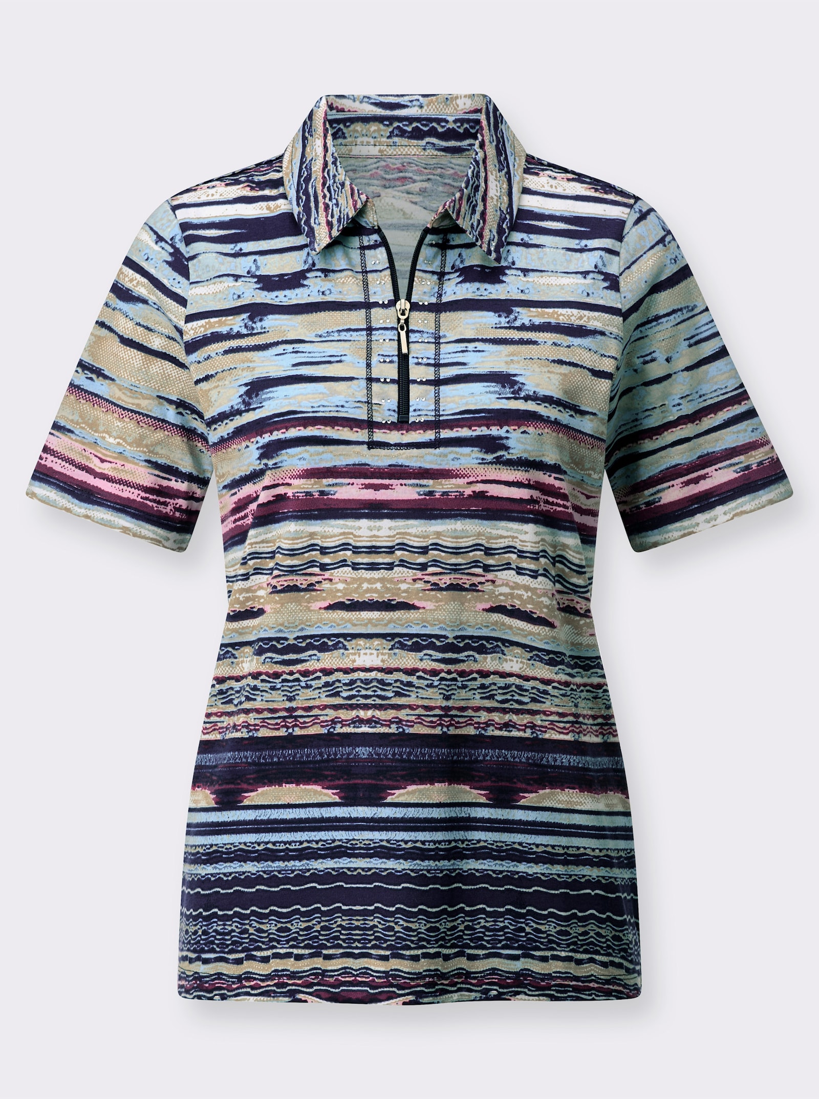 Poloshirt mit Glitzersteinchen - marine-rosé-bedruckt