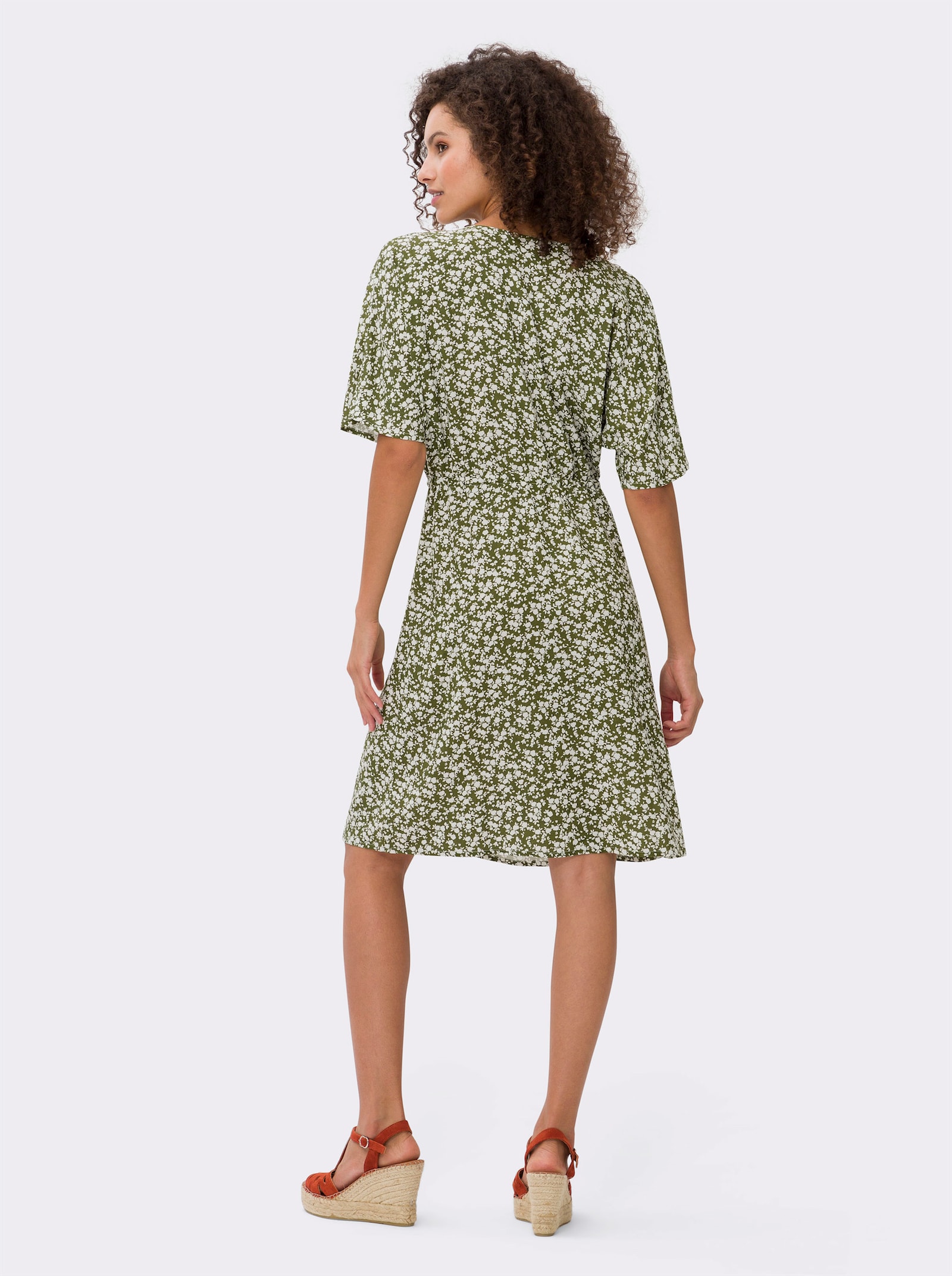 heine A-Linien-Kleid mit Bindeband - oliv-ecru-bedruckt