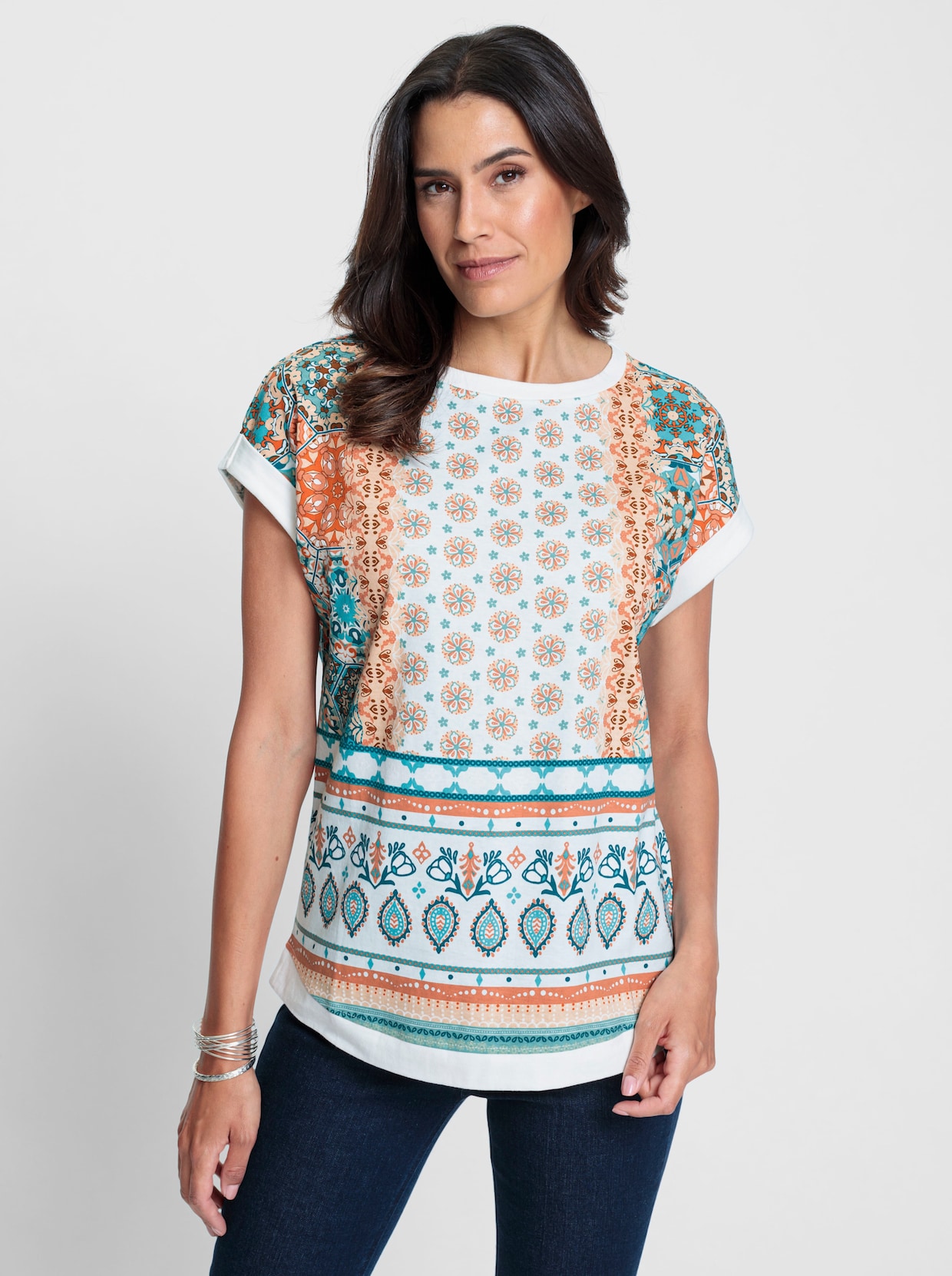 Shirt met korte mouwen - apricot/salie bedrukt