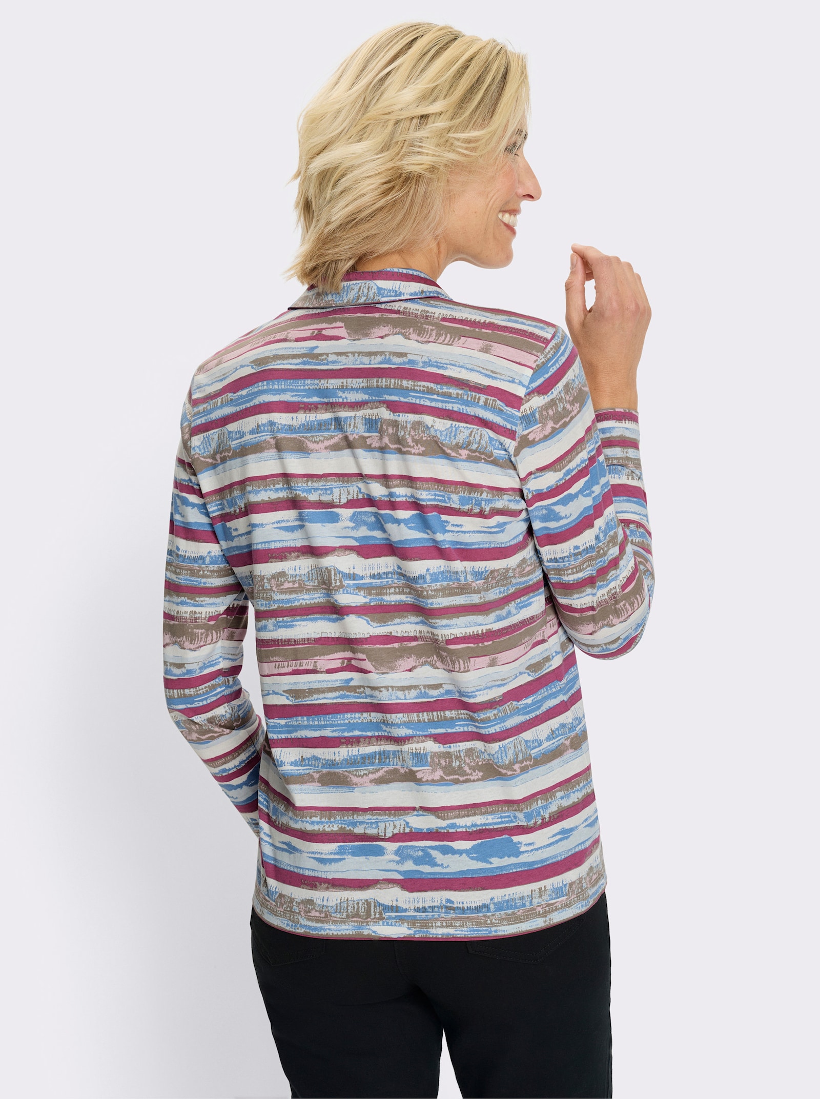 Langarmshirt mit kurzer Druckknopfleiste - erika-taupe-geringelt