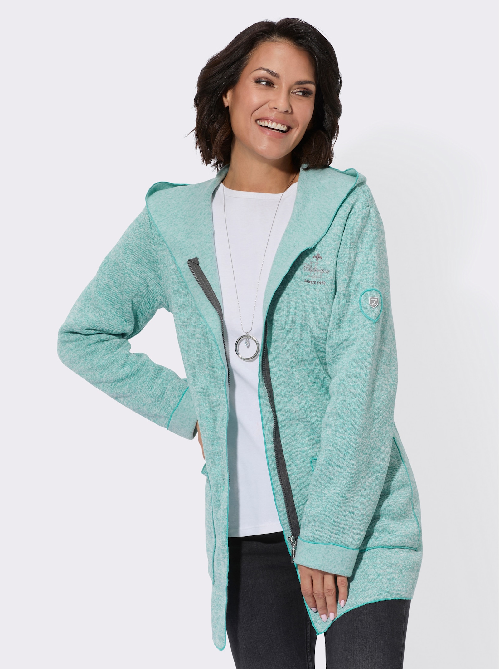 Strickfleece-Jacke mit fixiertem Ärmelaufschlag - salbei-meliert