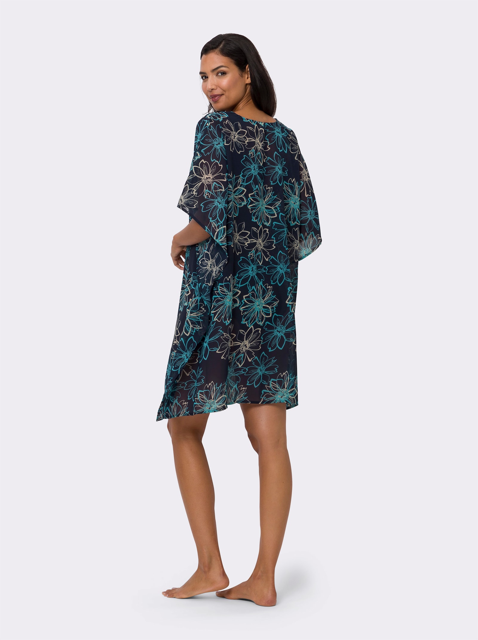 Strandkleid in Kaftan-Form - marine-türkis-bedruckt