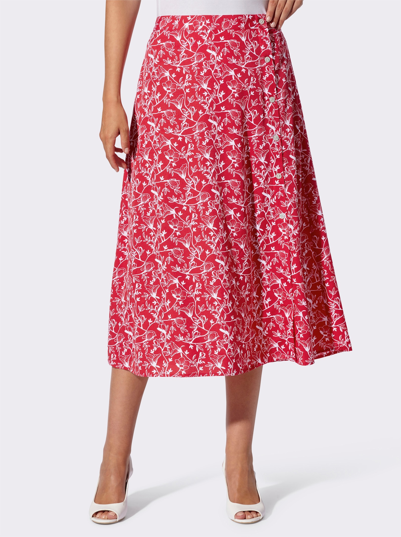 Schlupfrock mit Zierknopfleiste - rot-ecru-bedruckt