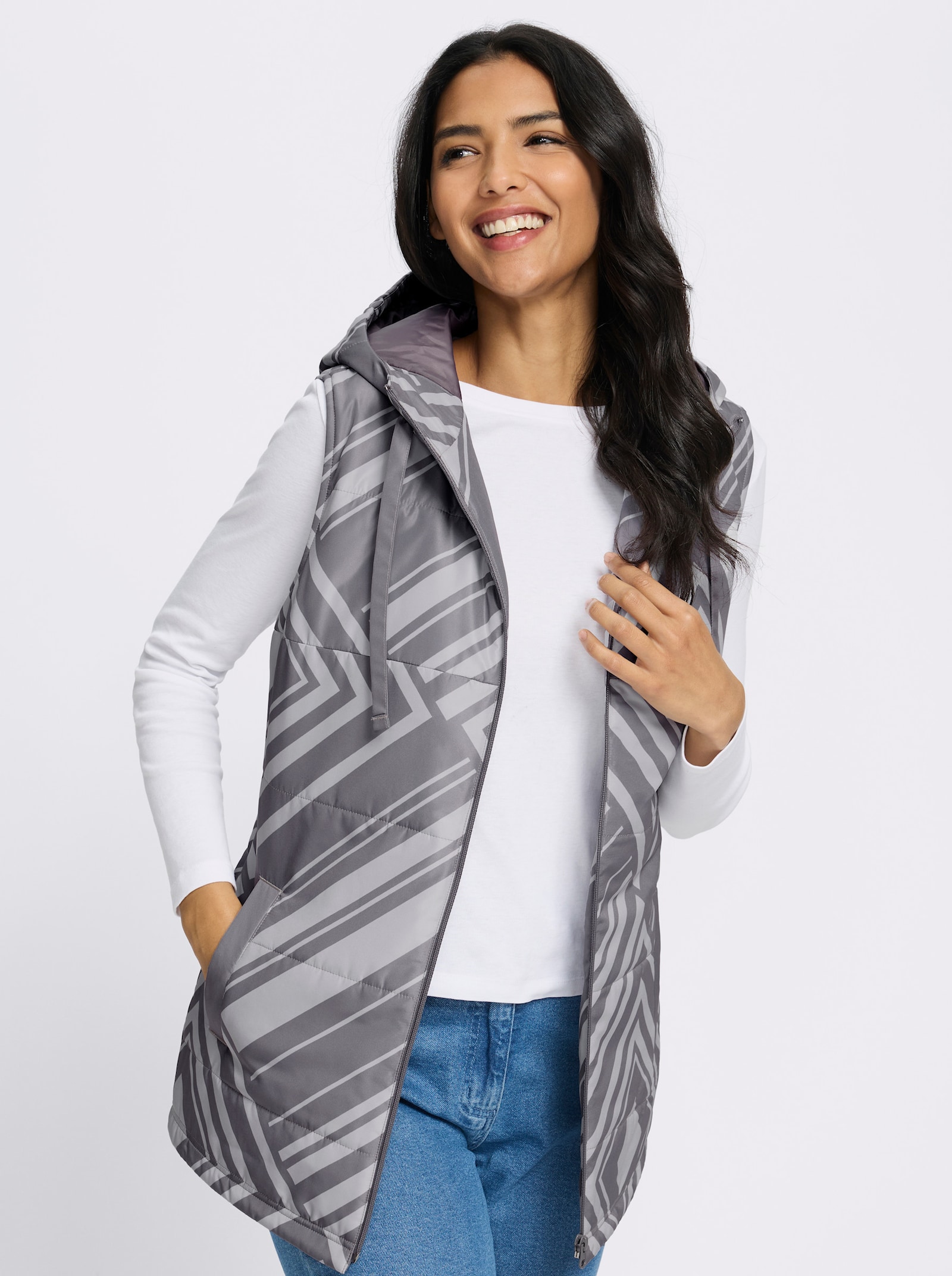 Steppweste mit grafischem Druck - grau-hellgrau-bedruckt