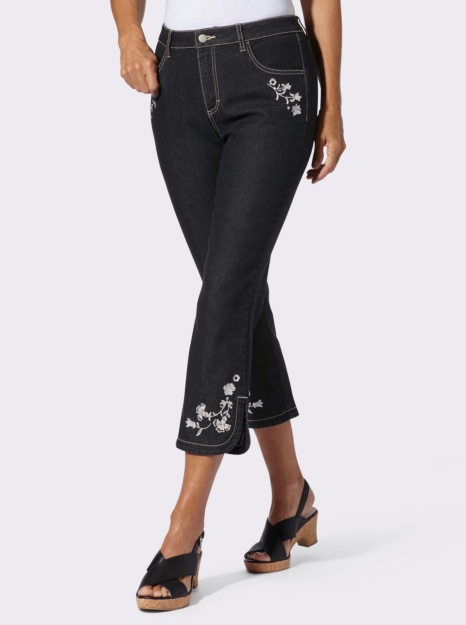 7/8-Jeans mit Blütenstickerei - black-denim