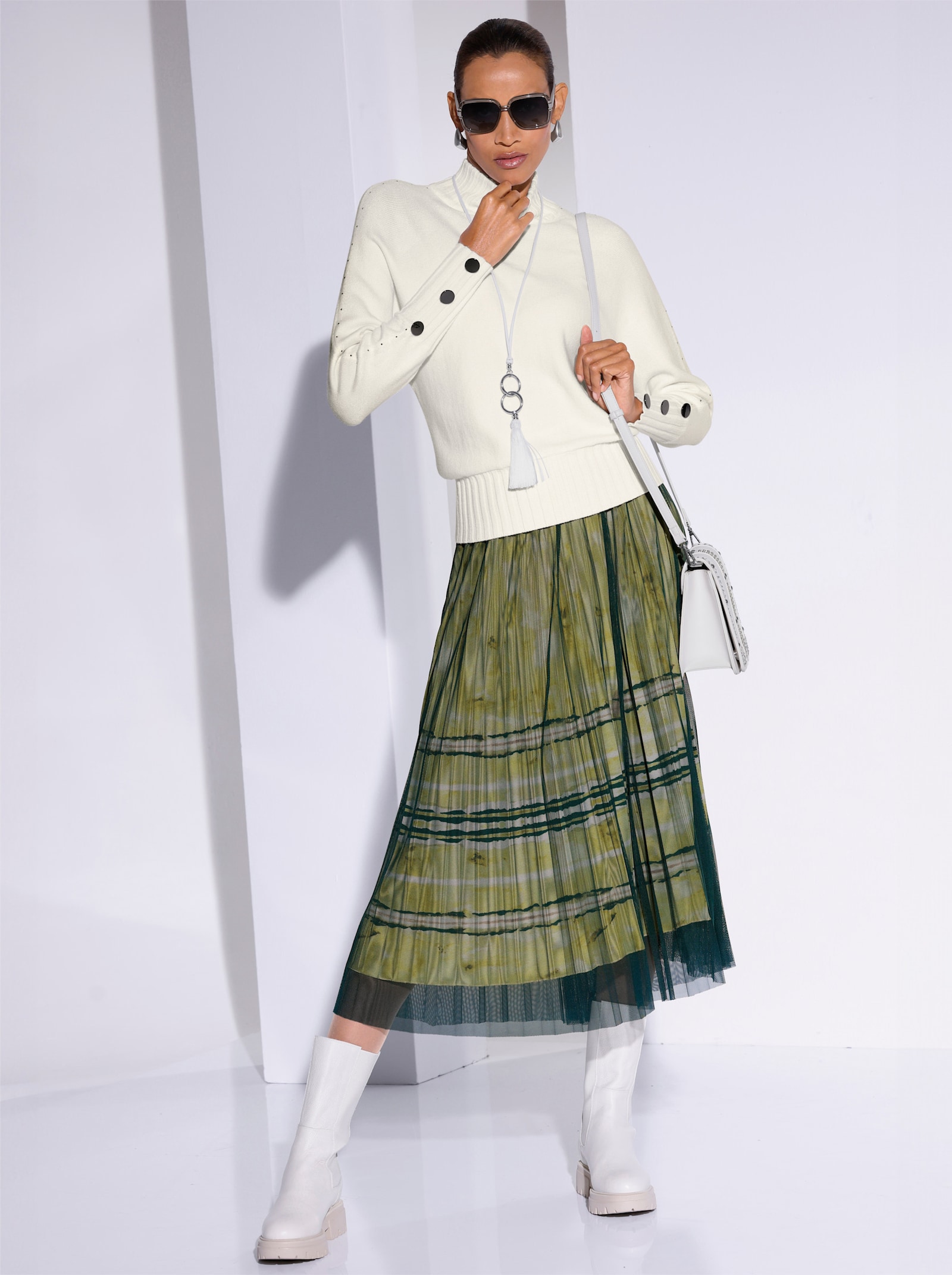 Jupe plissée à ceinture élastique - citron vert-écru imprimé