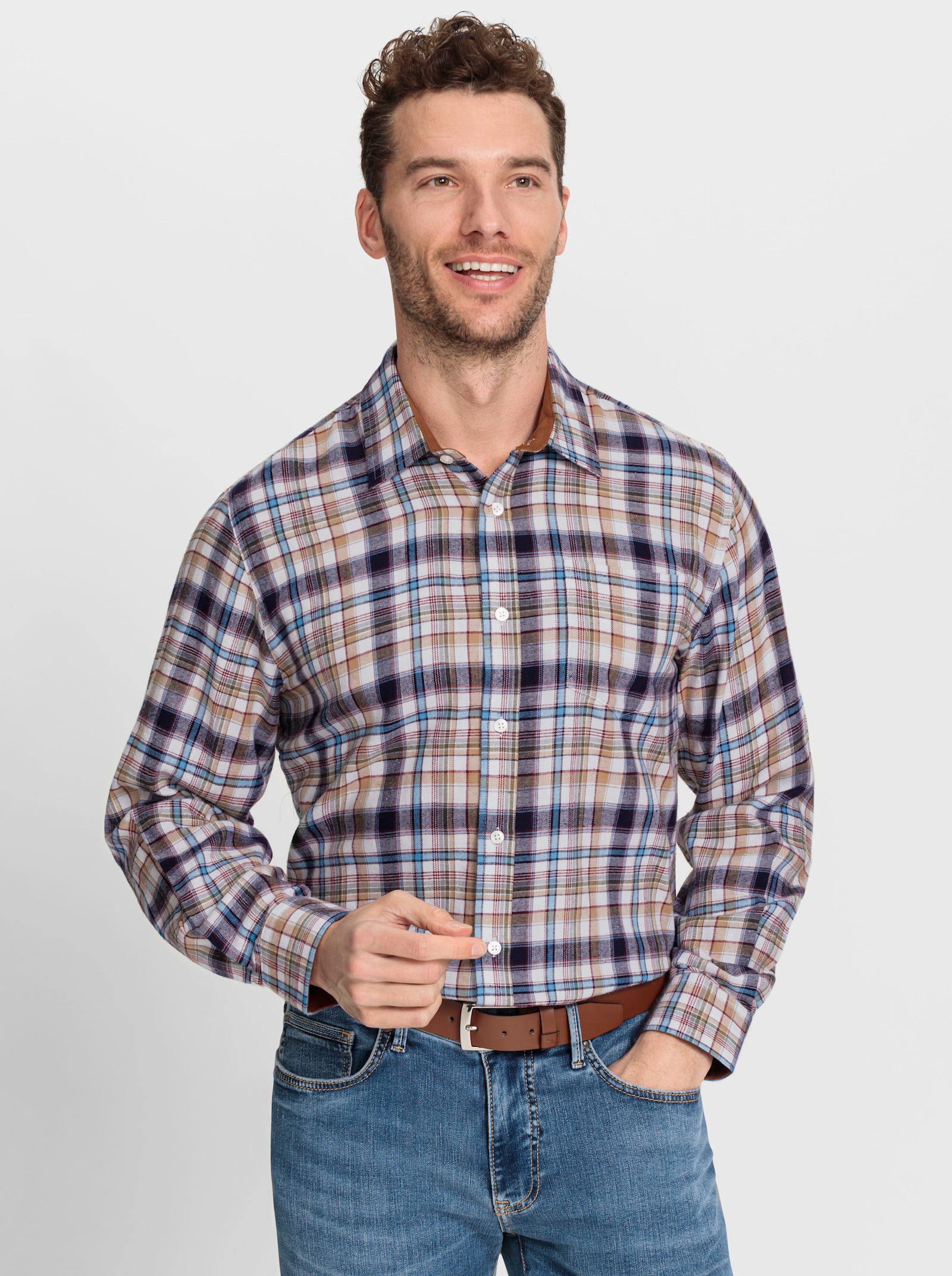 Marco Donati Flanellhemd mit Cord-Akzenten - marine-camel-kariert