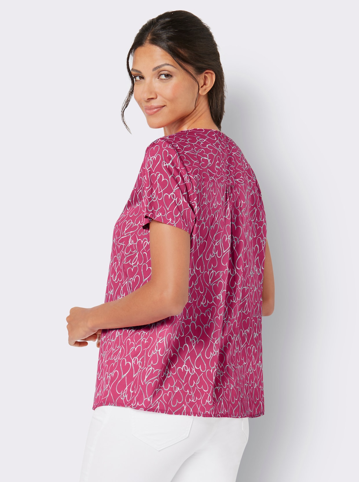 Schlupf-Bluse - pink-ecru-bedruckt