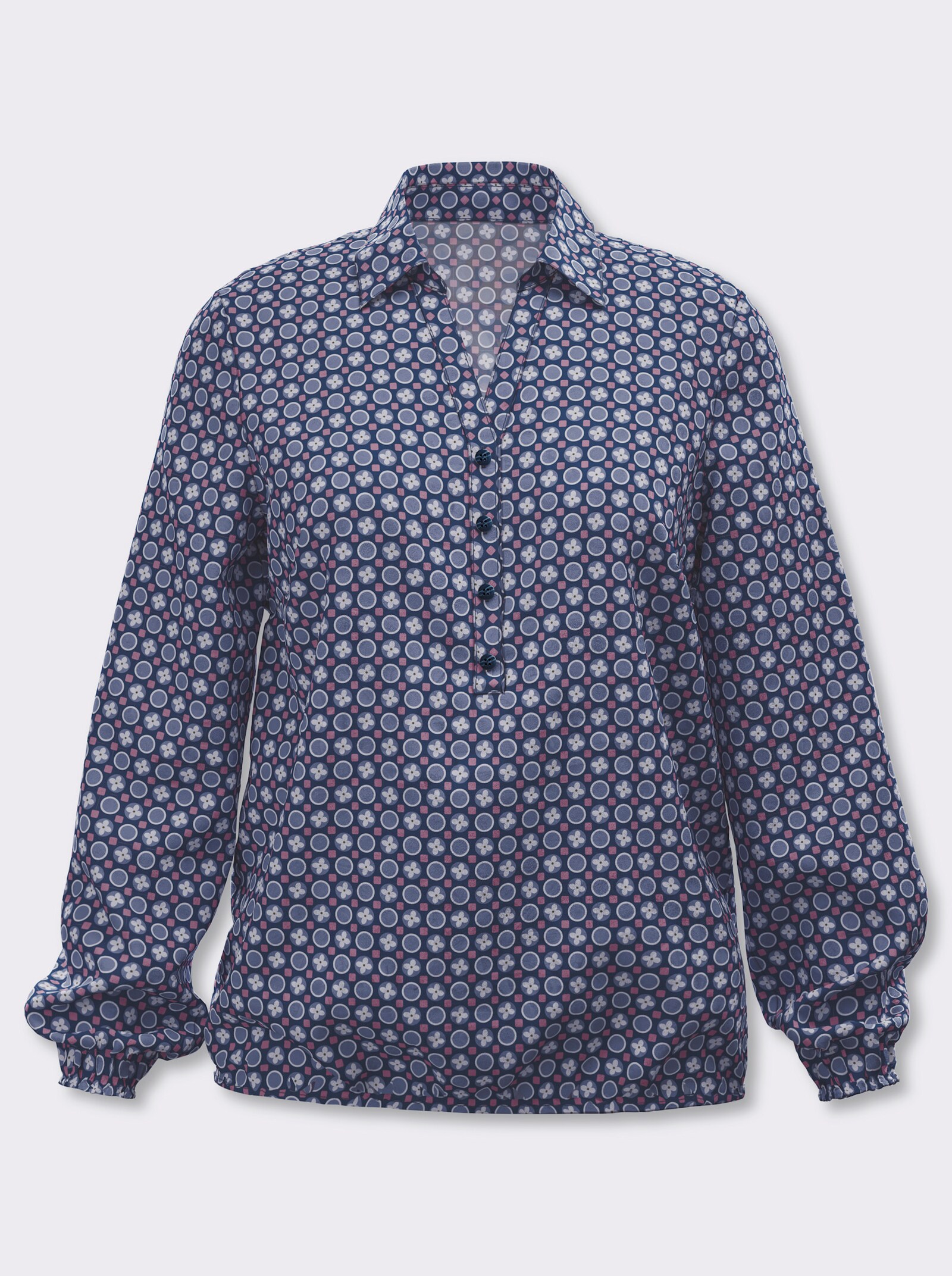 Schlupfbluse mit Gummibündchen - dunkelblau-taubenblau-bedruckt