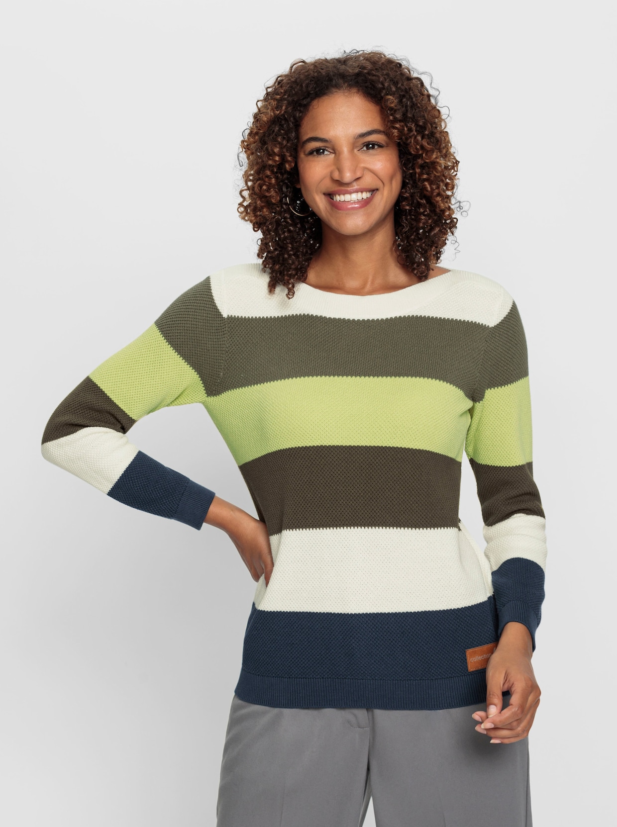 Langarm-Pullover - khaki-ecru-geringelt