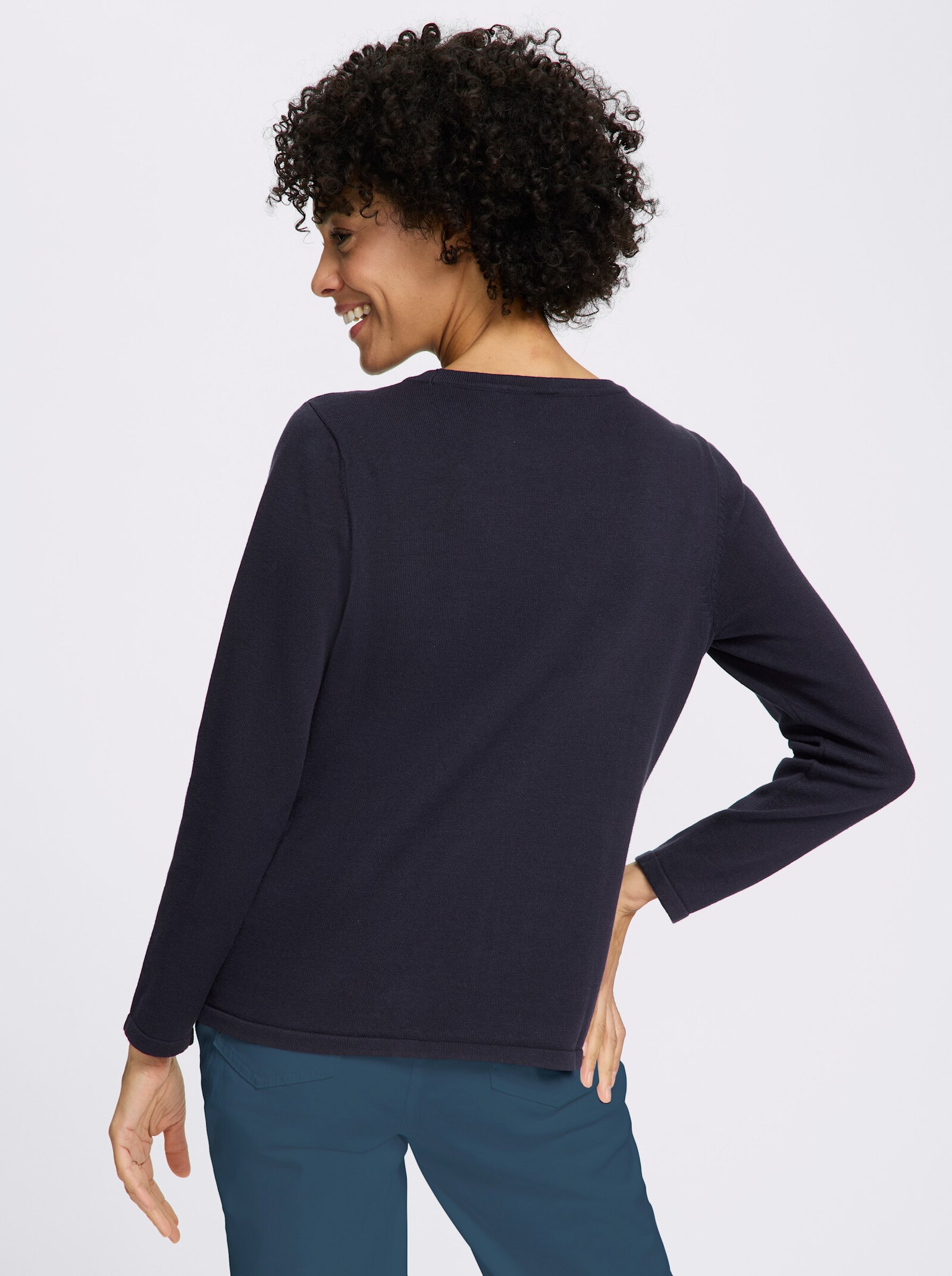 Rundhalspullover aus reiner Baumwoll - marine-rot-geringelt