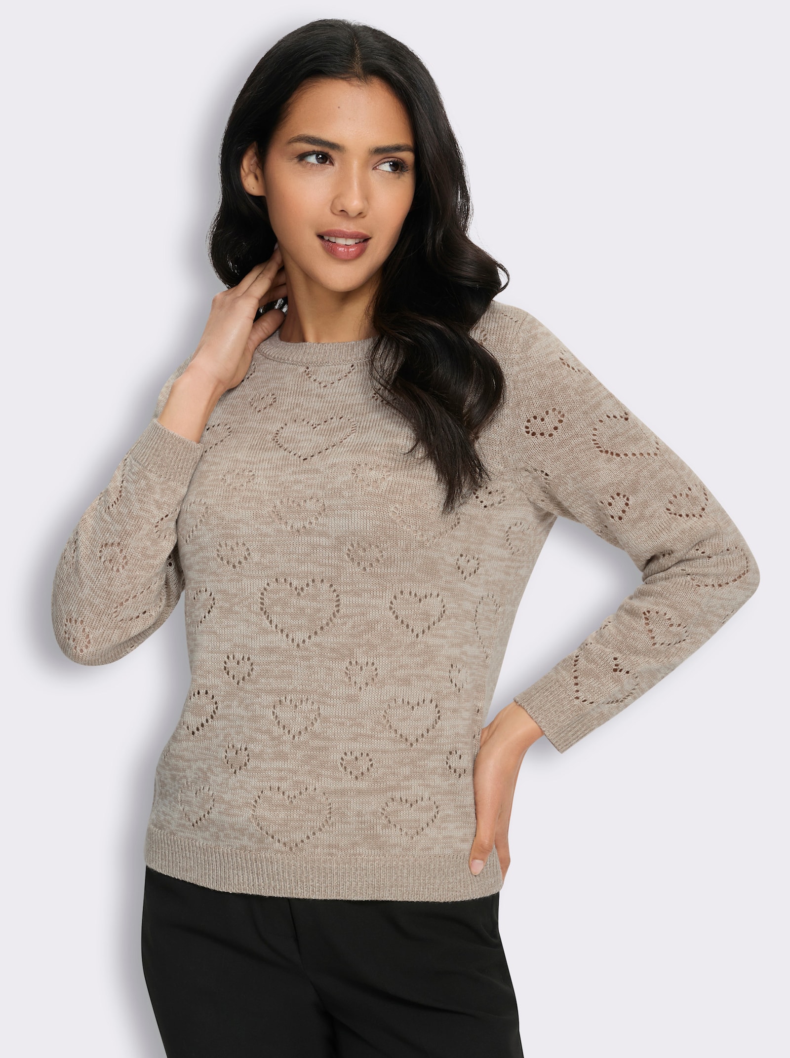 Ajourpullover mit Herzchen - sesam-champagner-meliert