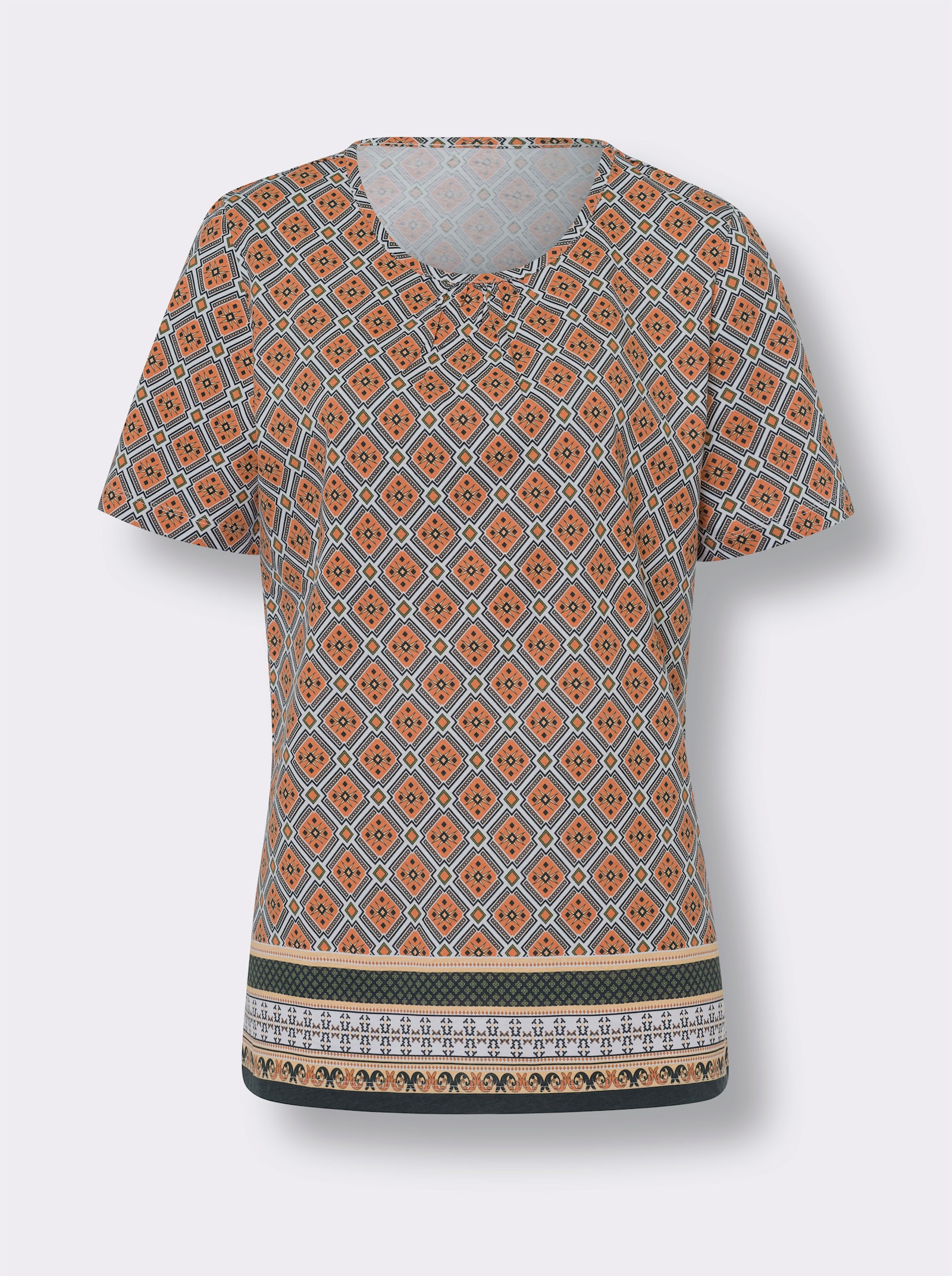 Shirt met korte mouwen en randprint, katoen - papaja/wit bedrukt