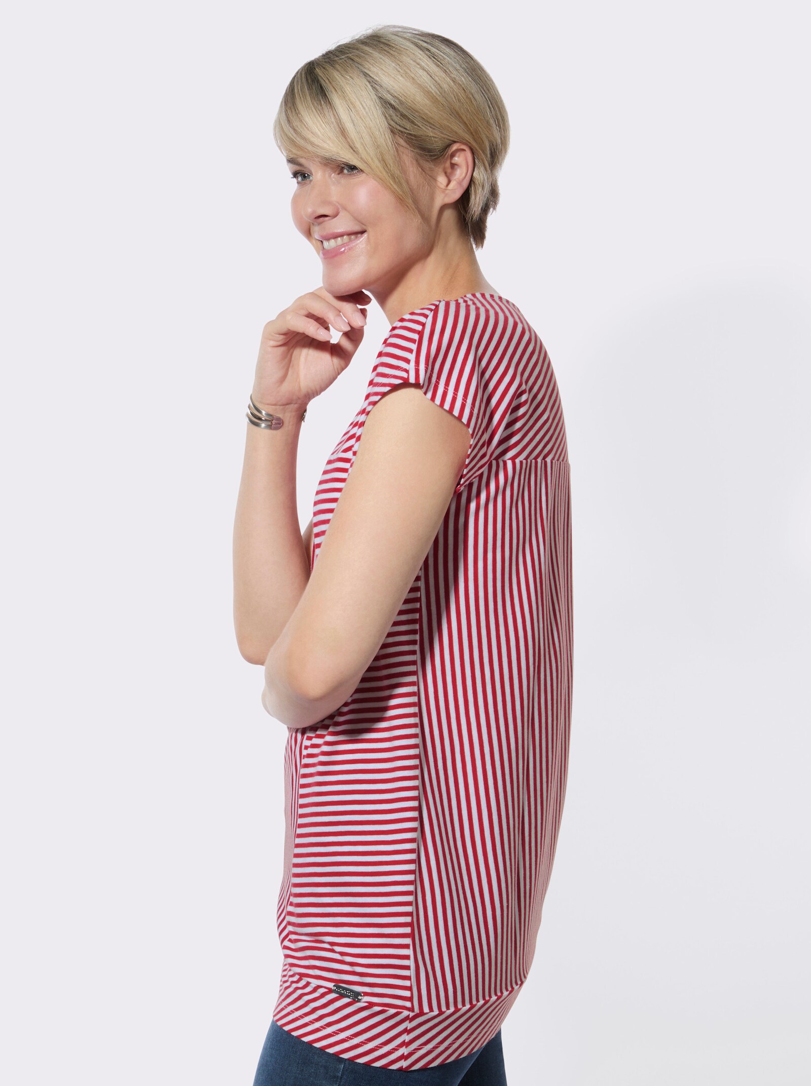 Rundhalsshirt mit asymmetrischem Saum - erdbeere-weiß-geringelt