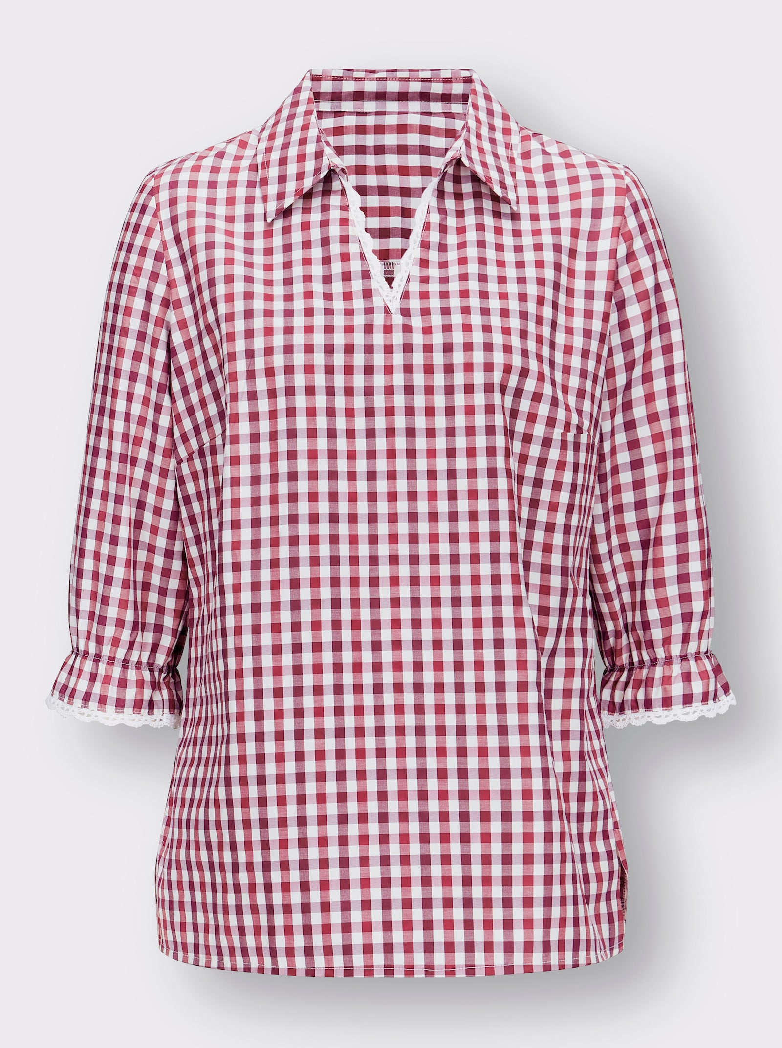 Trachtenbluse mit Spitzenborten - rot-weiß-kariert