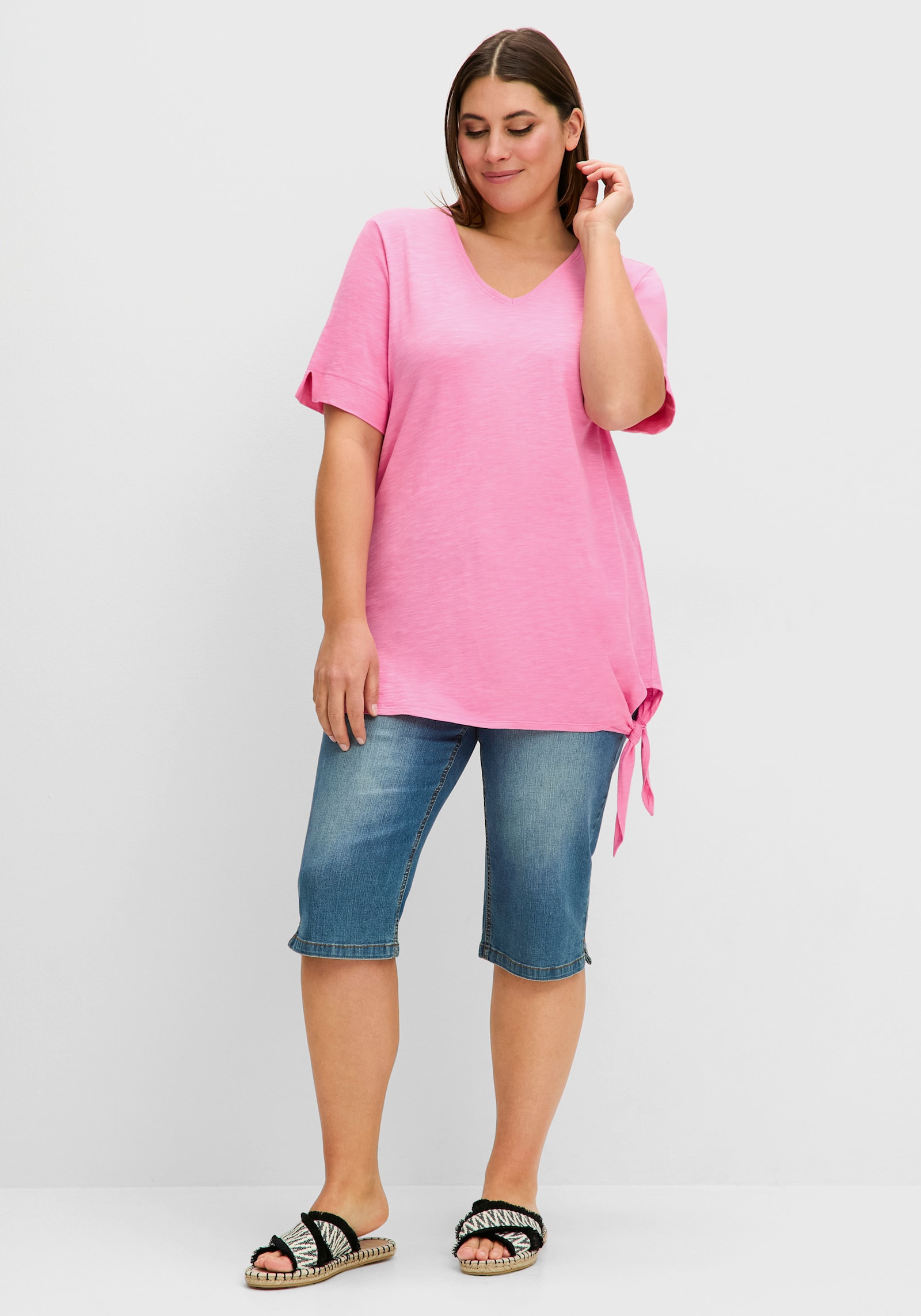 sheego Kurzarmshirt aus Flammgarn-Jersey - blumiges pink