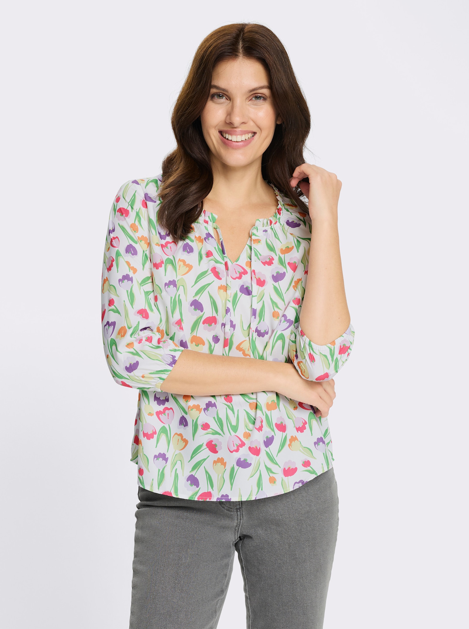 Schlupfbluse mit Tulpen-Druck - ecru-rosé-bedruckt