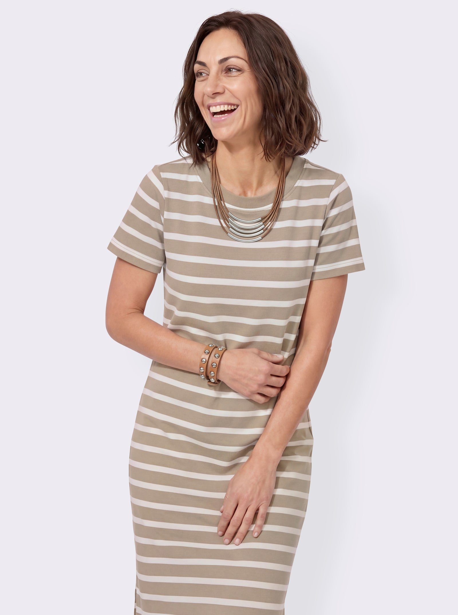 Jerseykleid mit Seitenschlitzen - sesam-ecru-geringelt