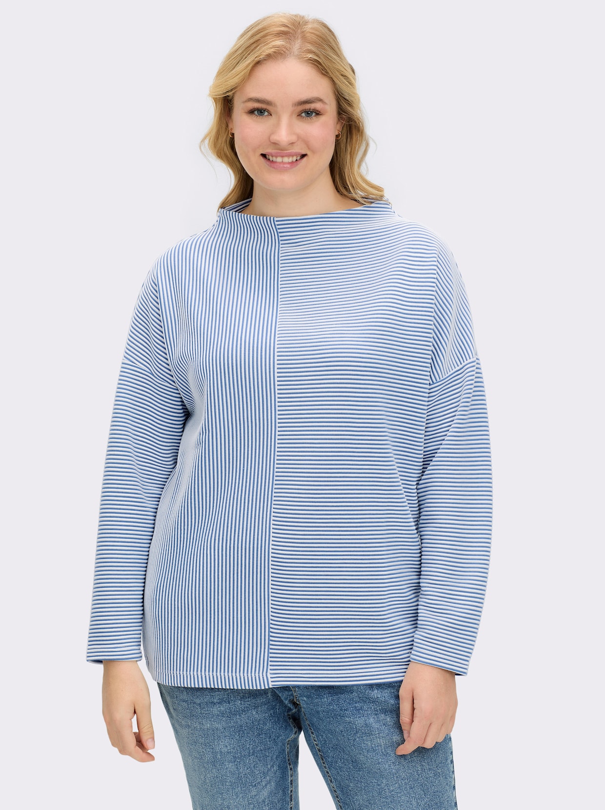 Langarmshirt in Ripp-Optik - ecru-mittelblau-gestreift