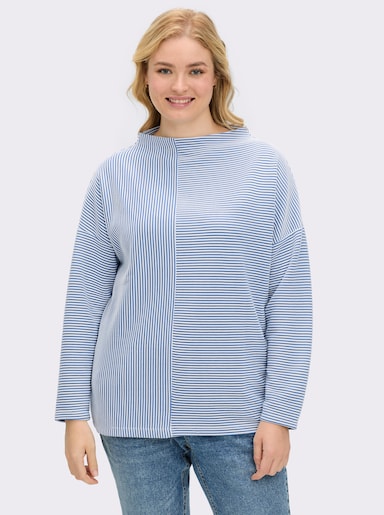 Langarmshirt in Ripp-Optik - ecru-mittelblau-gestreift