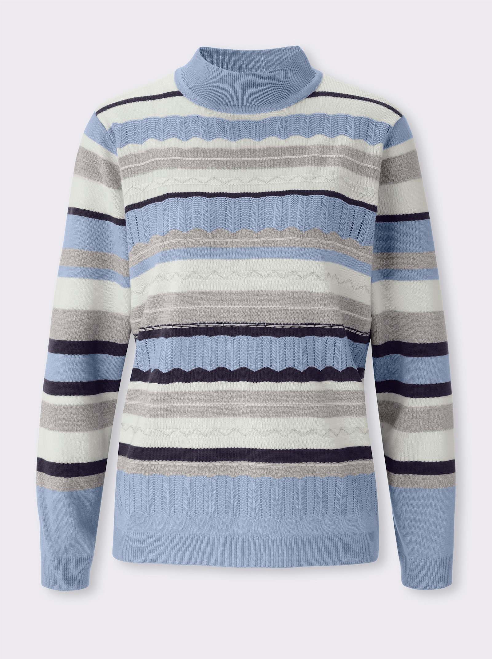 Stehkragenpullover mit Streifen-Muster und Ajour - bleu-ecru-gemustert