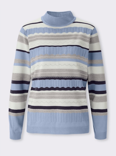 Stehkragenpullover mit Streifen-Muster und Ajour - bleu-ecru-gemustert