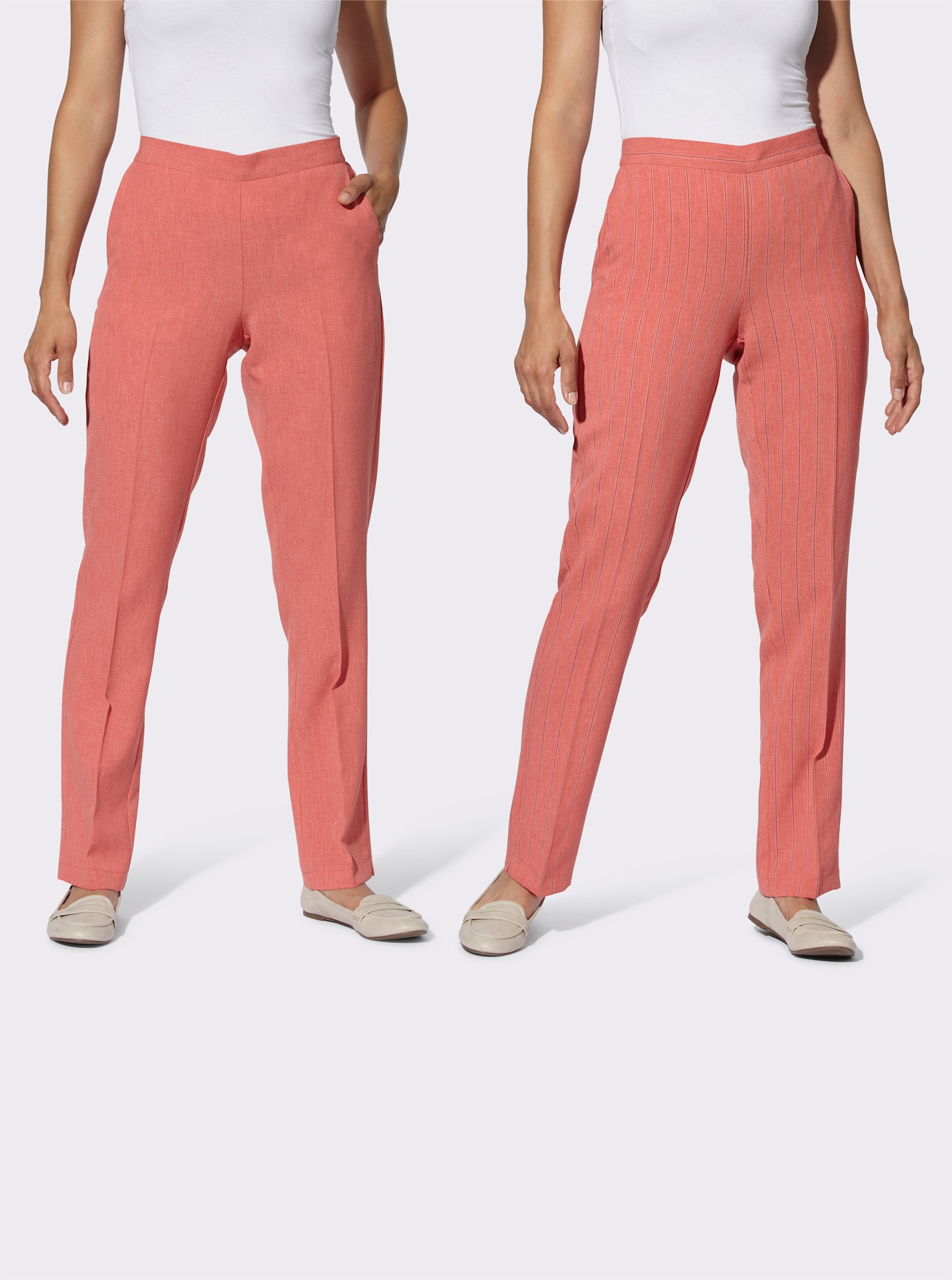 Comfortbroek met comfortband achter - grapefruit gemêleerd + grapefruit gestreept