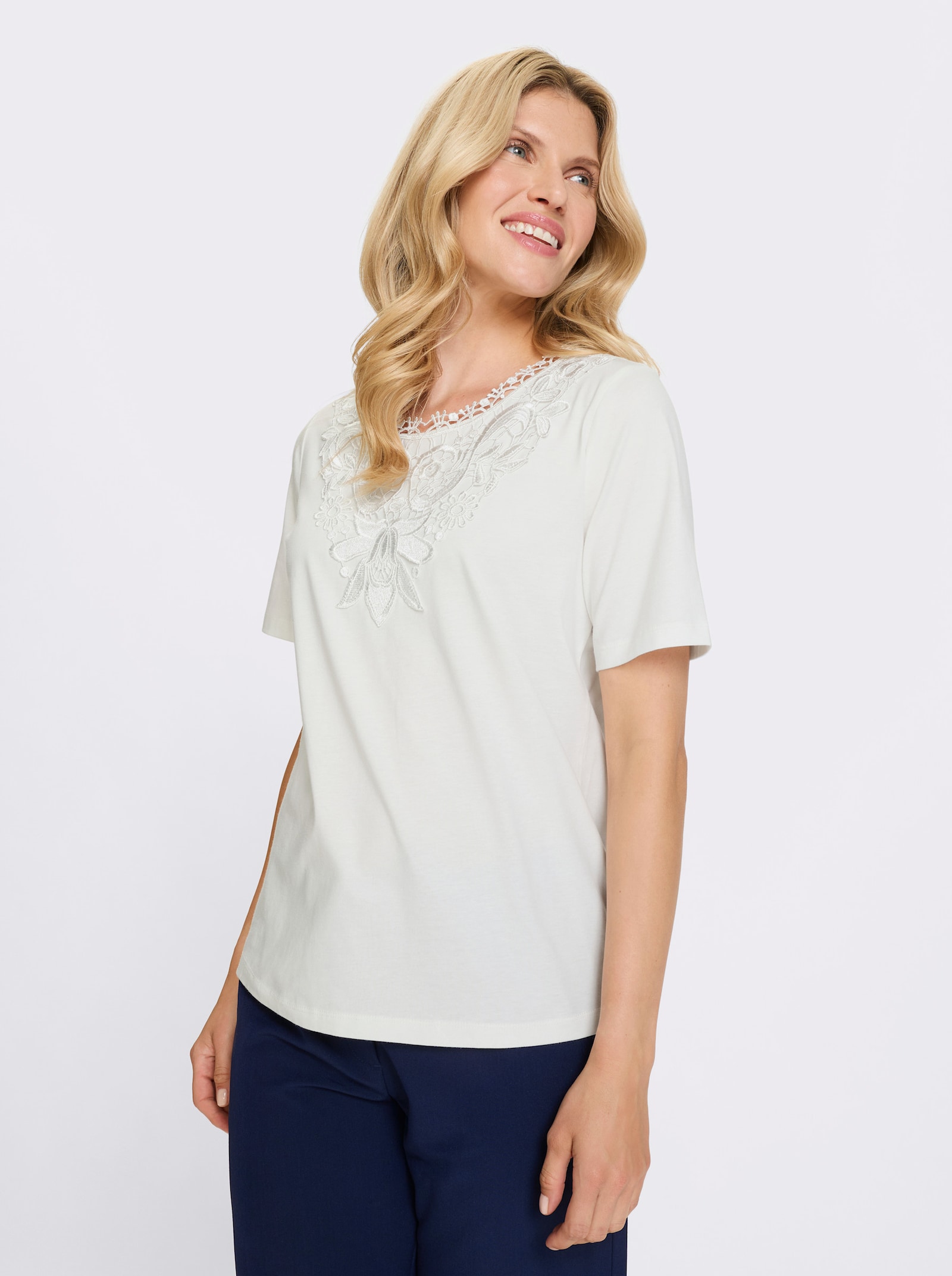 Kanten shirt van puur katoen - ecru