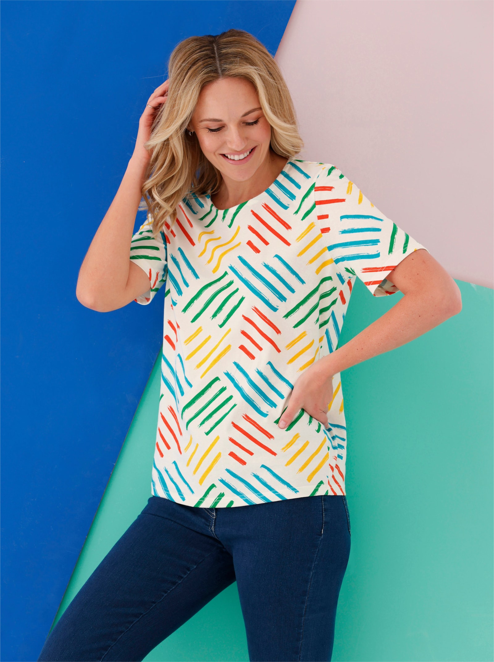 Kurzarmshirt mit Linien-Druck - ecru-türkis-bedruckt