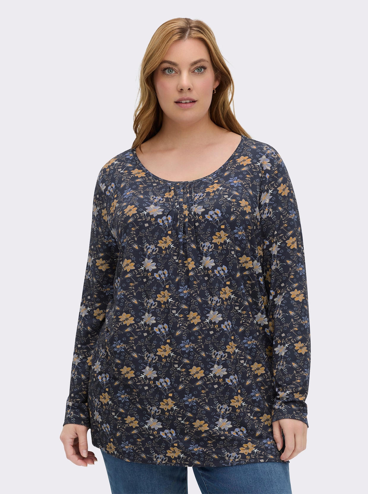 Print-Shirt aus Viskose-Stretch - marine-ocker-bedruckt