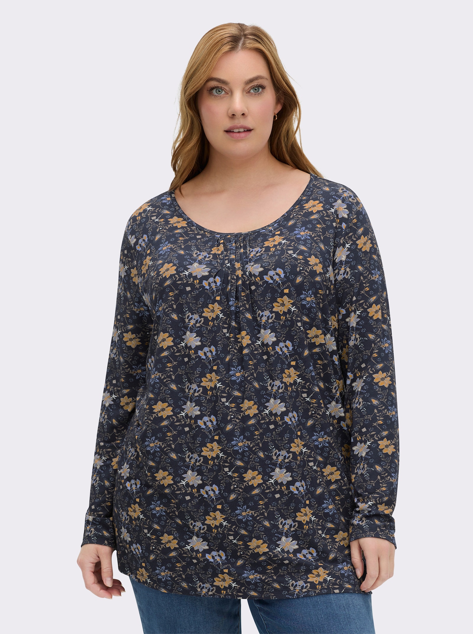 Print-Shirt aus Viskose-Stretch - marine-ocker-bedruckt