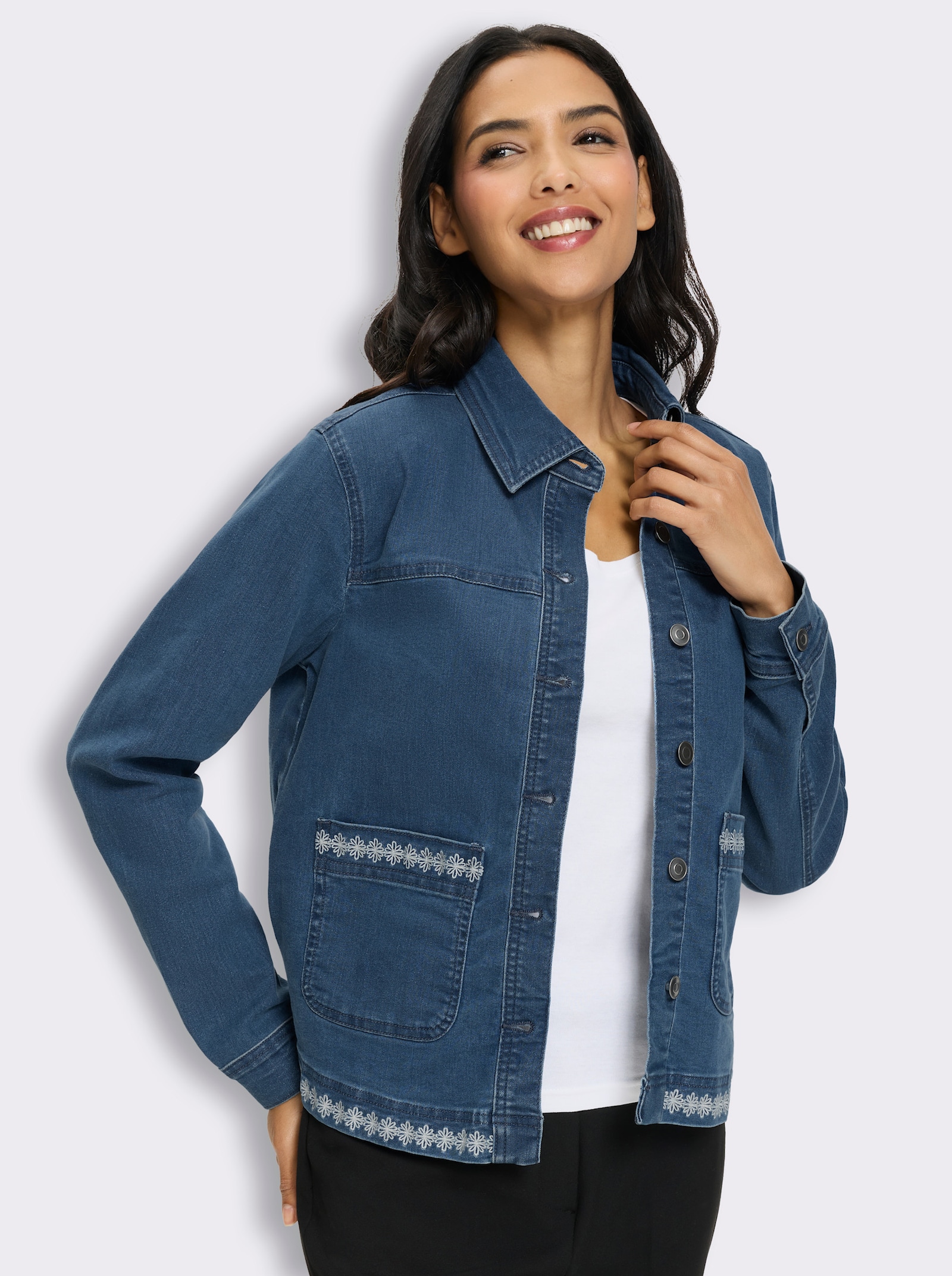 Jeansjacke mit Blütenstickerei - blue-stone-washed