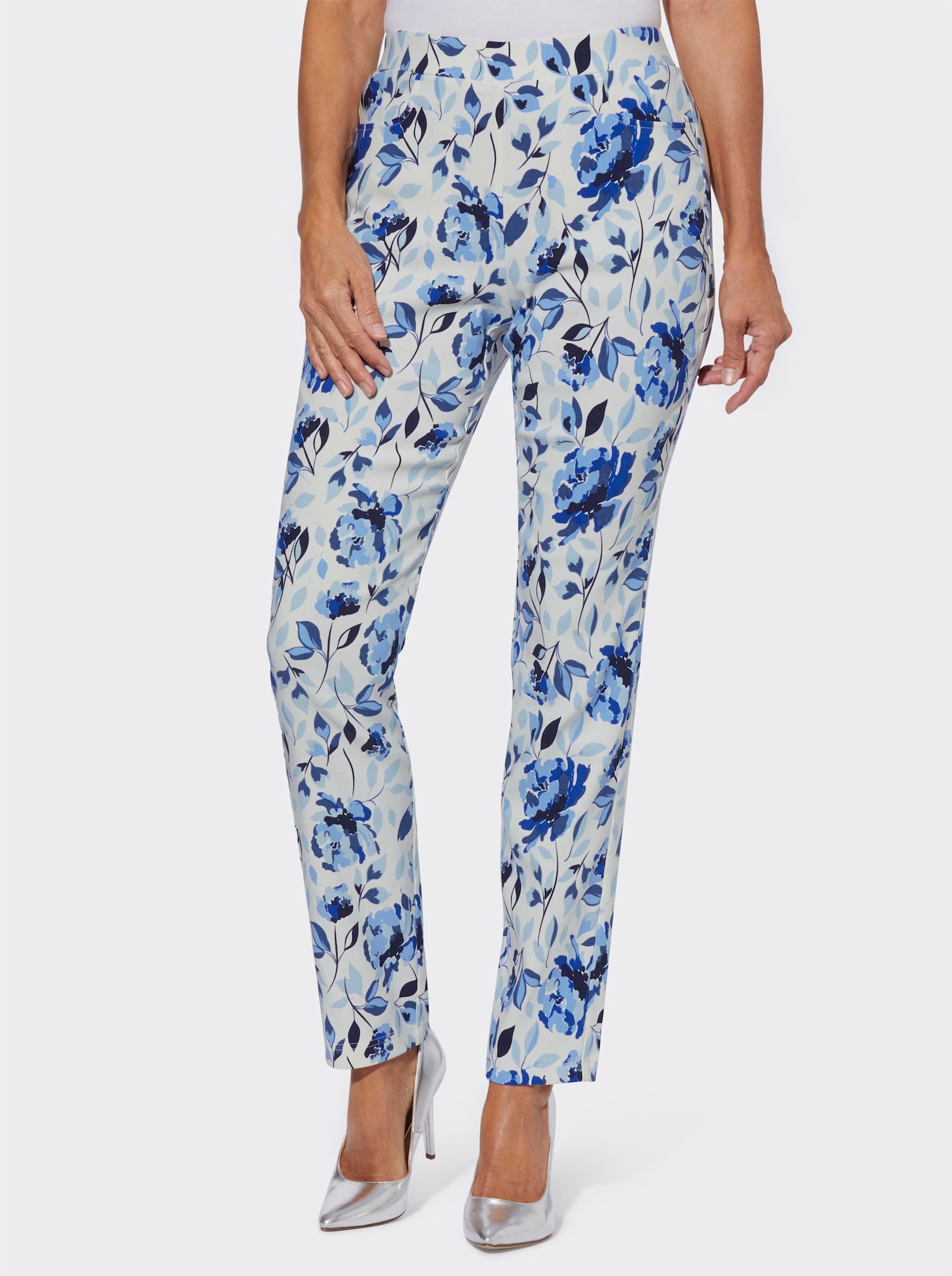Bengalinebroek met bloemenprint - wit/marine geprint