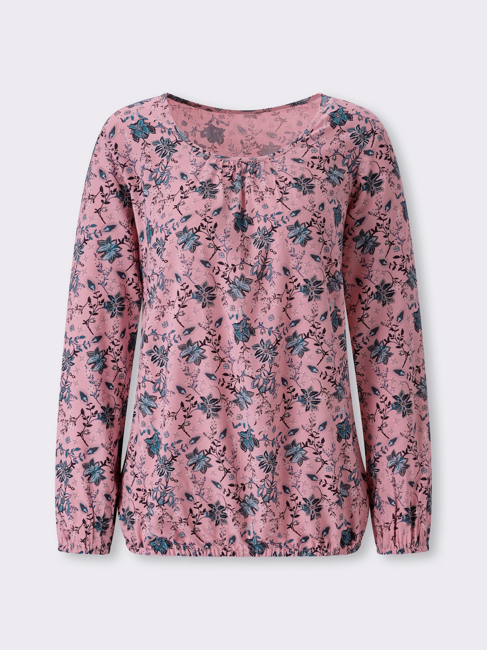 Schlupfbluse mit Raffung am Ausschnitt - rosenquarz-marine-bedruckt