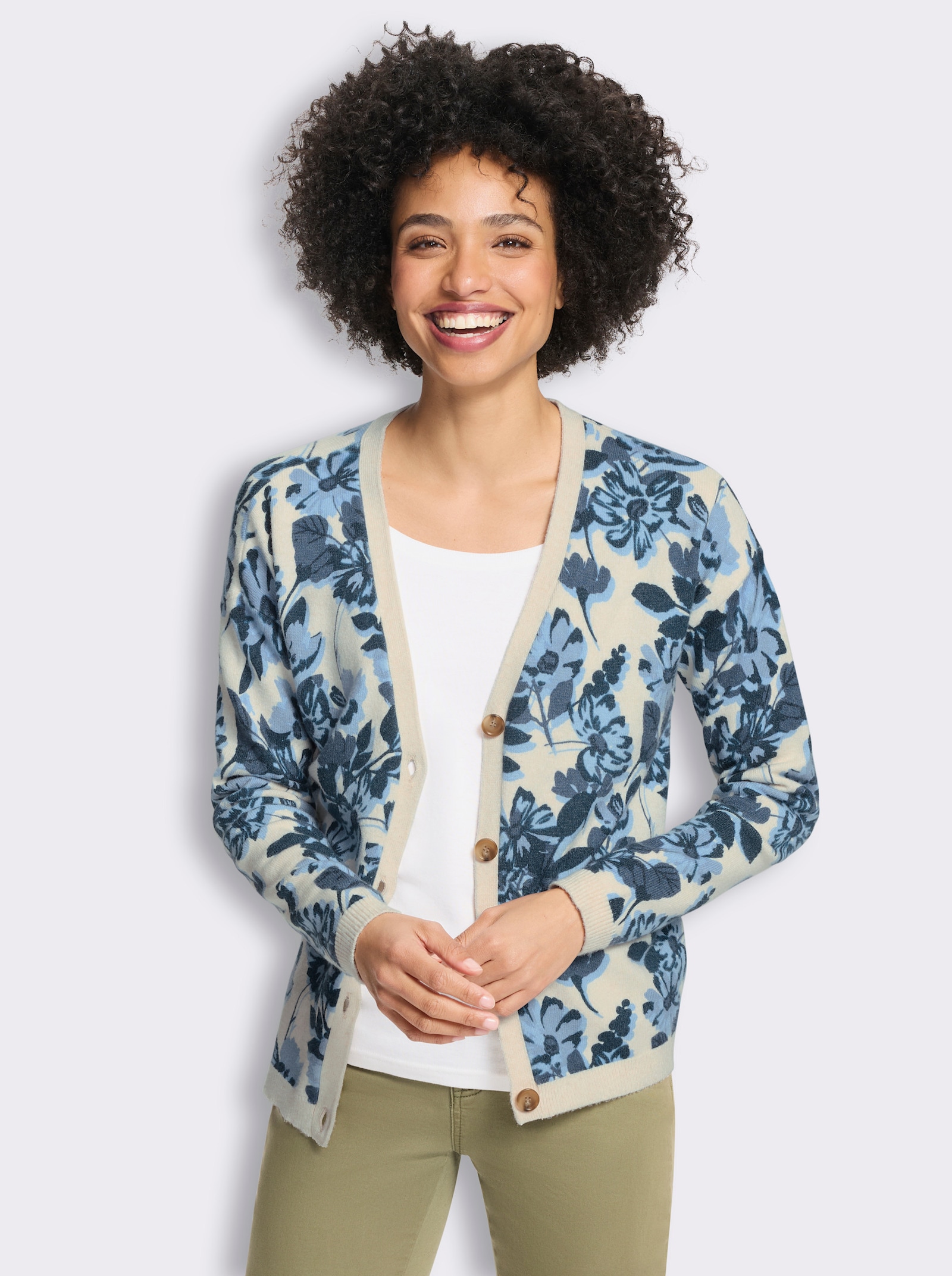 heine Strickjacke mit Floral-Print - sand-rauchblau-bedruckt