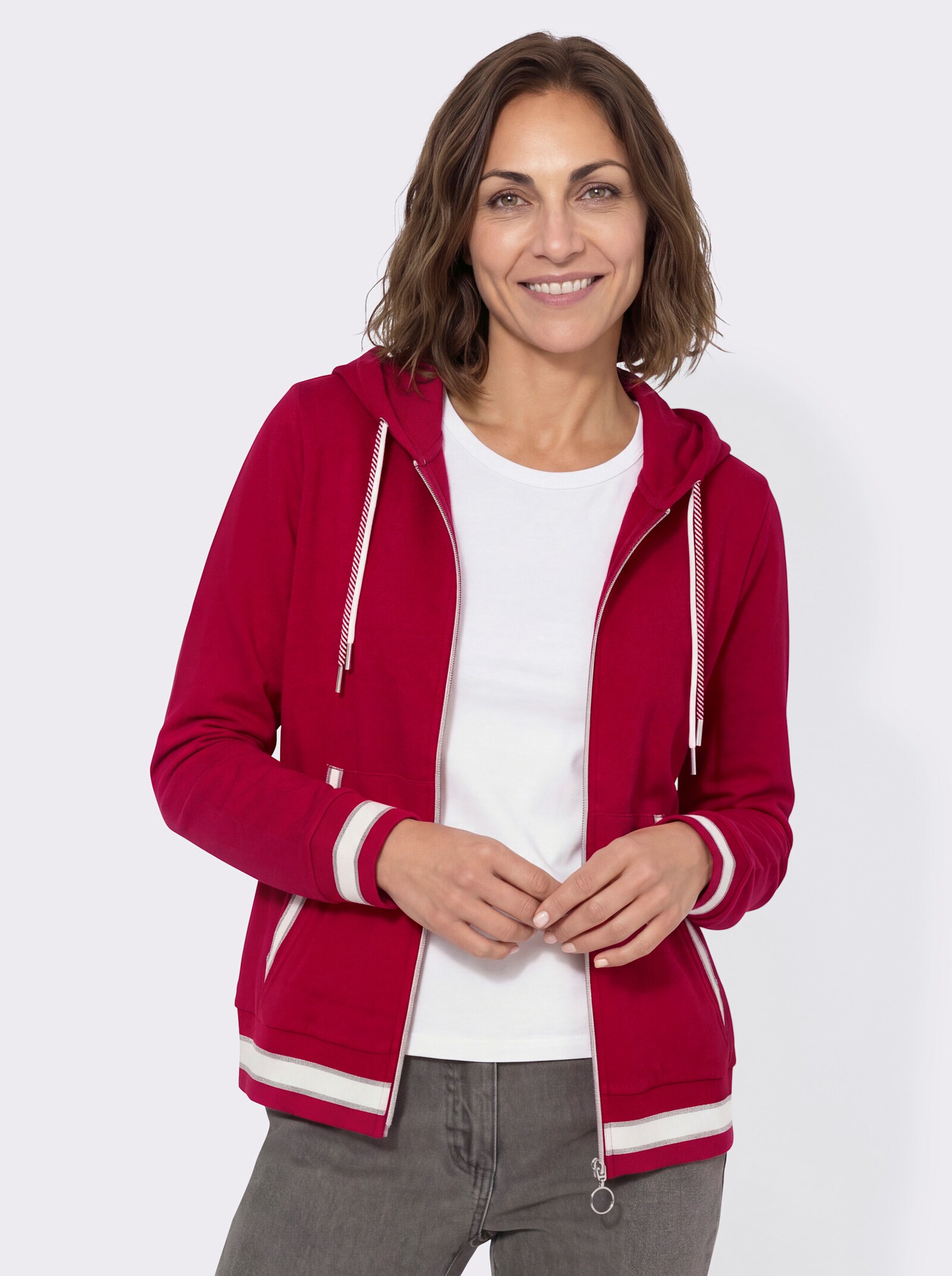 Sweatjacke mit Känguru-Tasche - rot-ecru