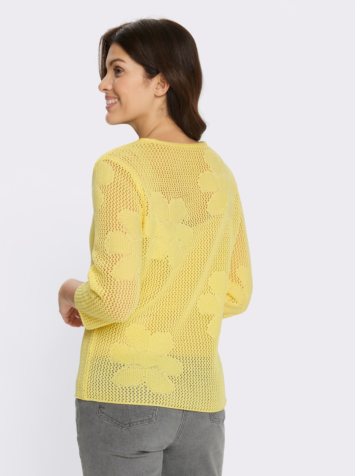 Ajourpullover mit eingestrickten Blüten - zitrone