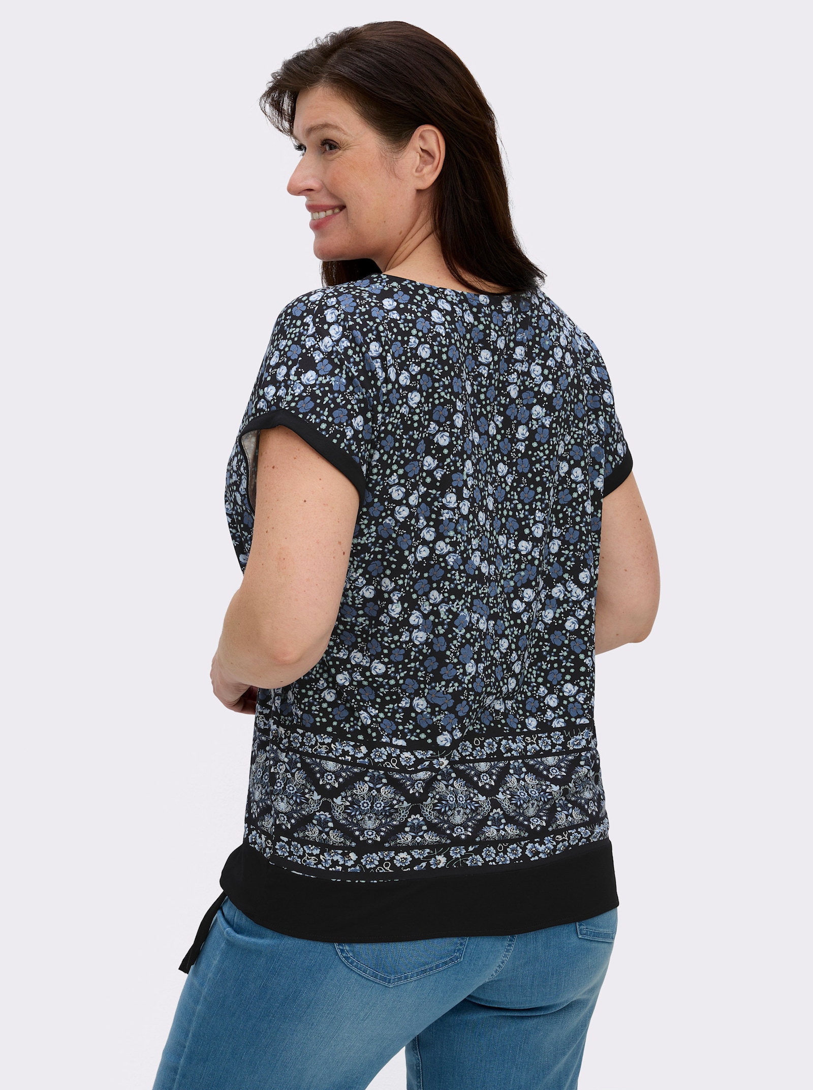 Kurzarmshirt mit Bindeband am Saum - jeansblau-schwarz-bedruckt