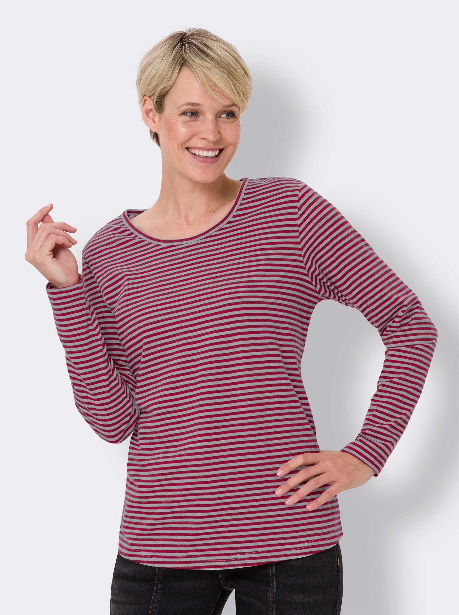 Shirt met lange mouwen en in het garen geverfde strepen - kers/steengrijs gestreept