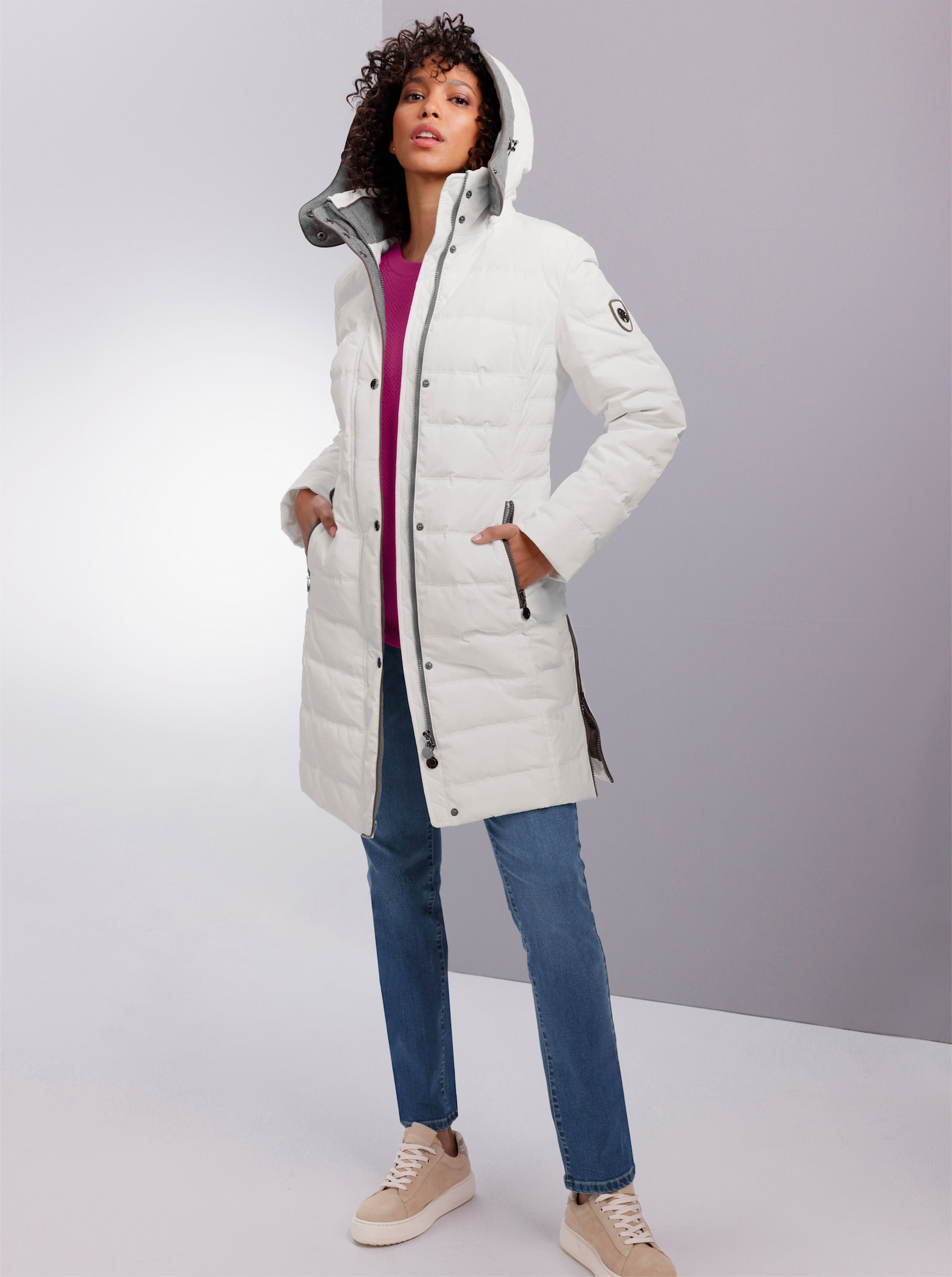 CREATION L PREMIUM Daunenmantel mit Flanell-Besatz - ecru